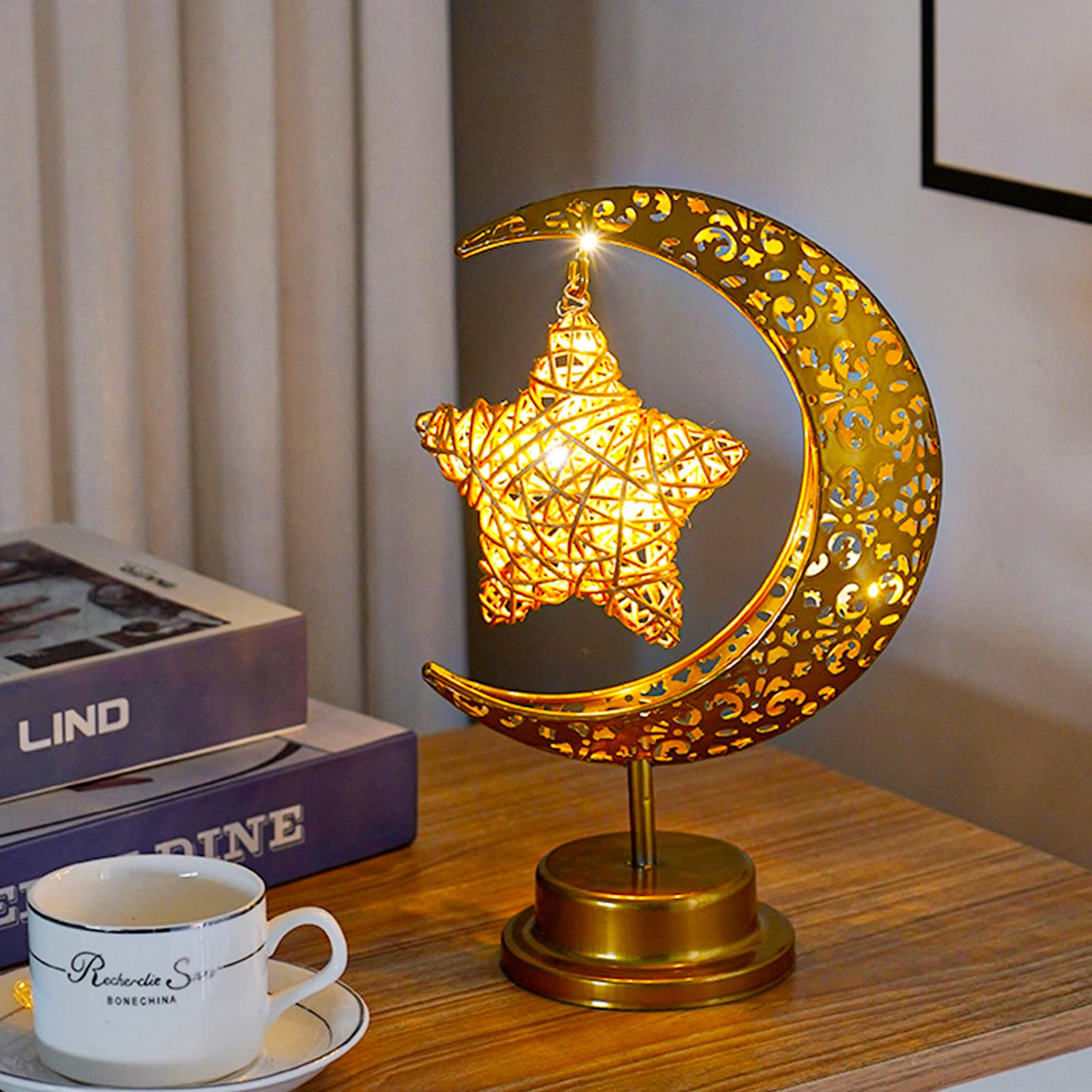 Lampada A Forma Di Luna Vuota In Ferro Battuto, Luce Notturna LED Per Ramadan E Eid, Decorazione Musulmana A Batteria, Calda E Artistica