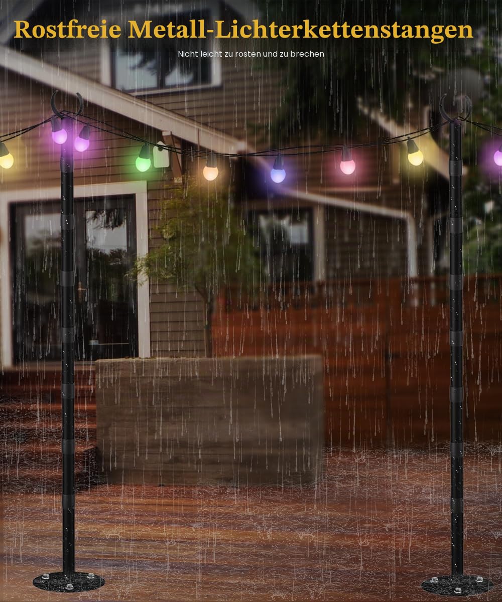 3 m lange Lichterkette für harte Oberflächen, Außenlichtständer für Hinterhof, Garten und Terrasse, Partybeleuchtung, robuste Metallstangen mit wasserdichter Oberfläche, rostfrei und