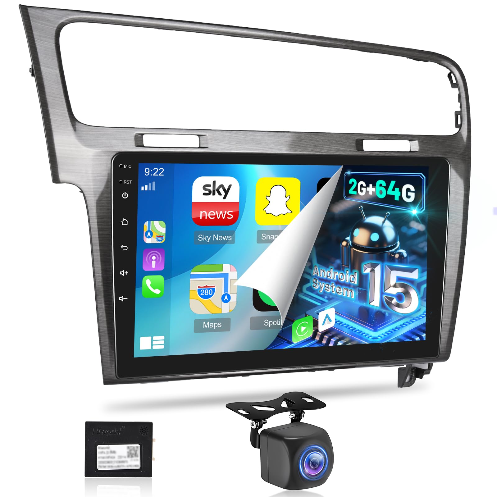 NHOPEEW 2G+64G Android Autoradio per VW Golf 7 MK7 2012-2020 - Senza fili Carplay e Android Auto - 10.1 pollici Android Stereo con WiFi EQ GPS Mirror Link FM RDS + Telecamera posteriore