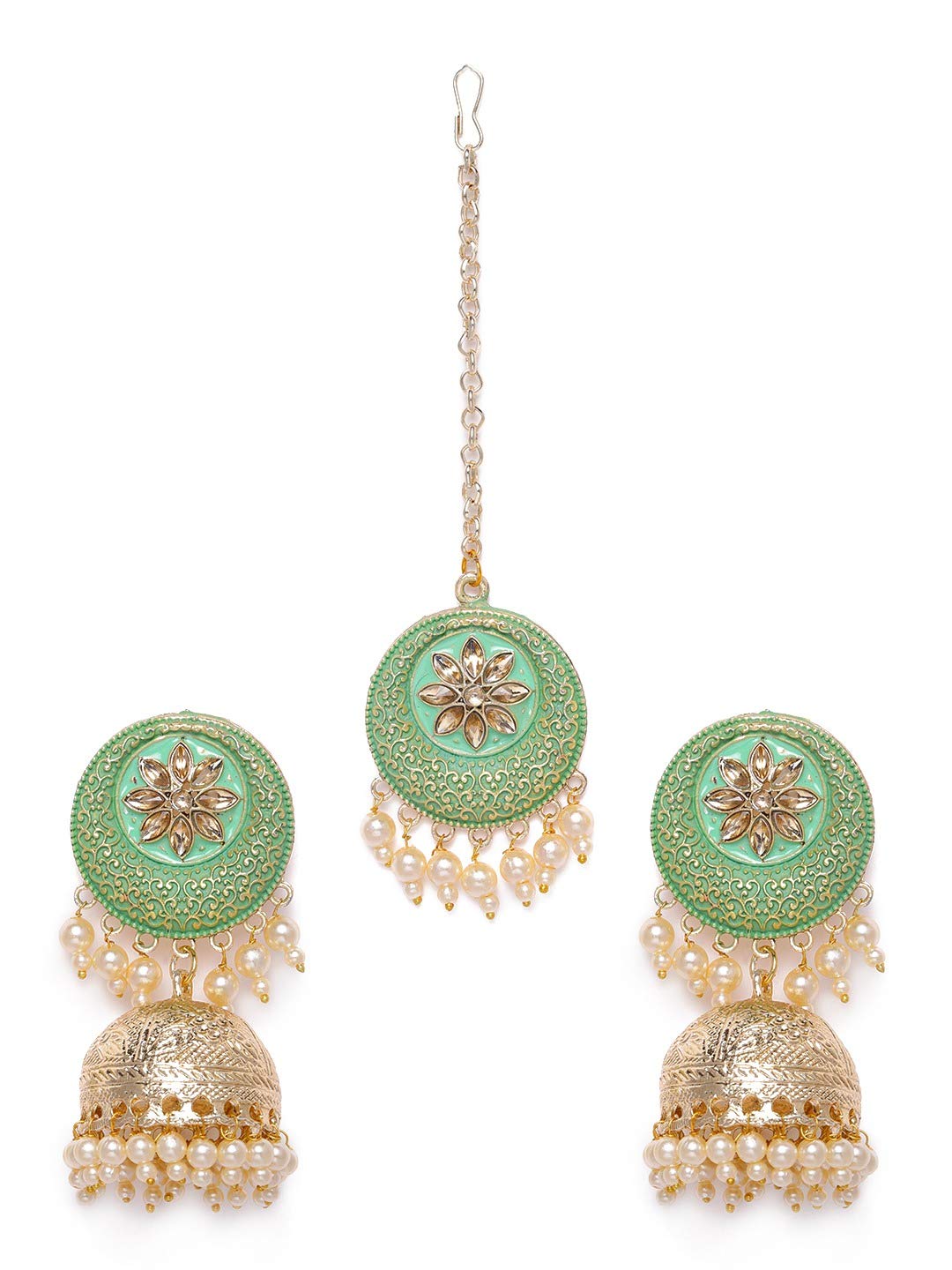 ZAVERI PEARLS Pastel Green Meenakari Ethnic Filigree Jhumki Earring & Maangtikka Set For Women-ZPFK9957