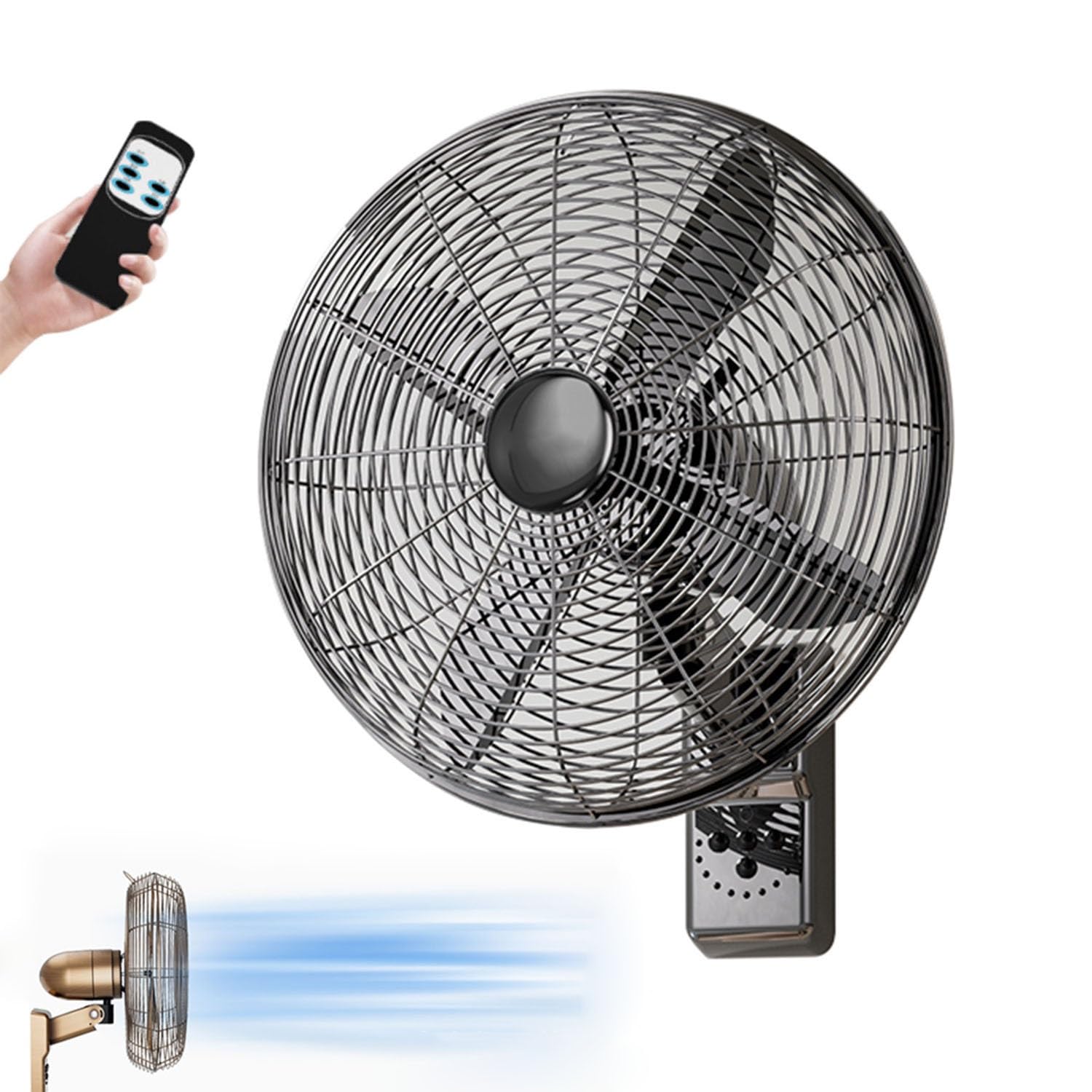 asdchZen Wall Mounted Electric Fan, 50W Industrial Fan With Remote, 90°Oscillating, 3-Speed Adjustable For Workshop Garage,Black-18inch
