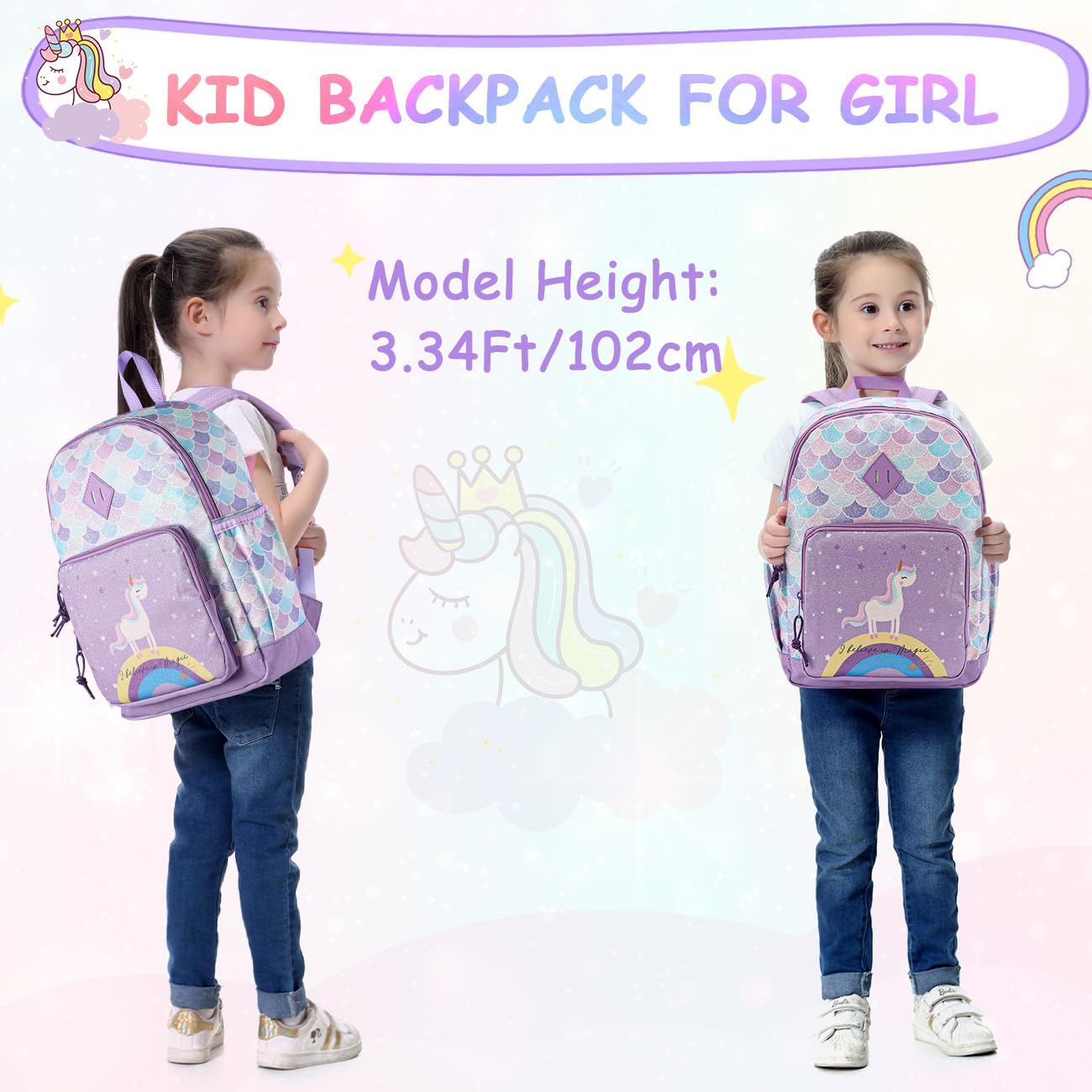 VASCHY Toddler Backpacks Girls, Kids' Cute Water Resistant Giltter Butterfly Daycare Bags for Preschool Kindergarten,Rucksack Schoolbag Bookbag for Children Rainbow Unicorn - Image 7