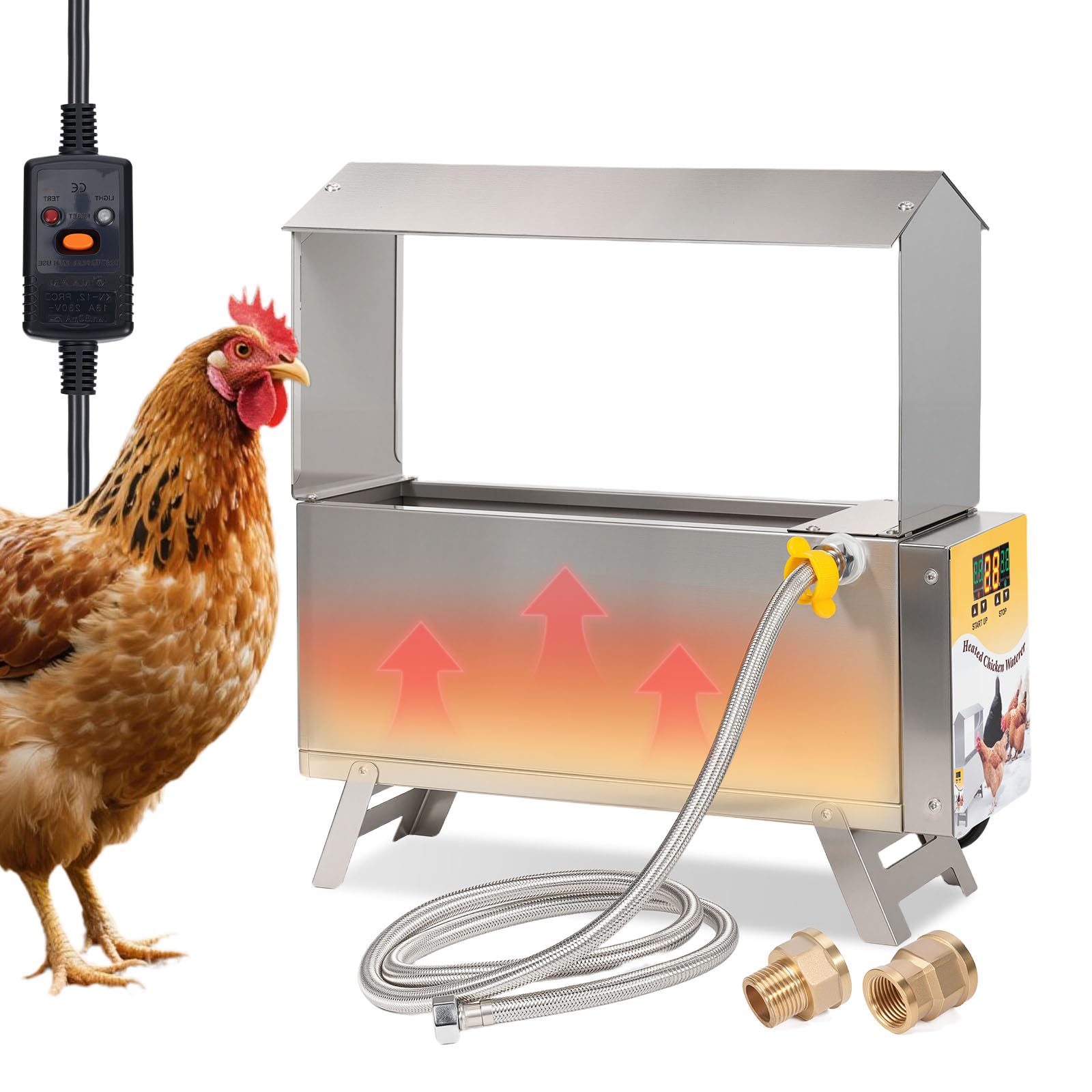Beheizbare Hühnertränke,ühner Tränke Winter, Heizung für Automatische HHühnertränke 9 Liter Edelstahl,Hühnertränke, Tränkenwärmer Hühner mit Thermostat für Enten, Gänse, Tauben
