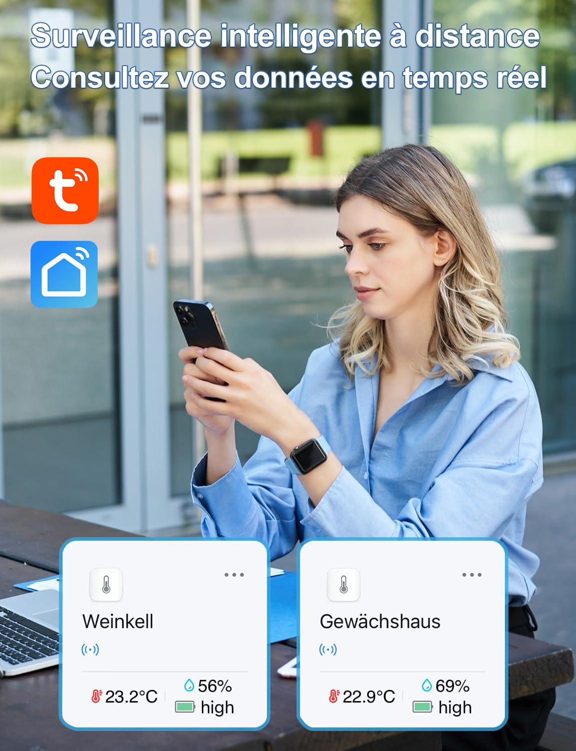 Station Météo WiFi Intérieur Extérieur avec 4 Thermomètre Hygromètre Sans Fil avec Date et Prévisions, Compatible Tuya/Smart Life pour Maison, Cave à vin, Serre