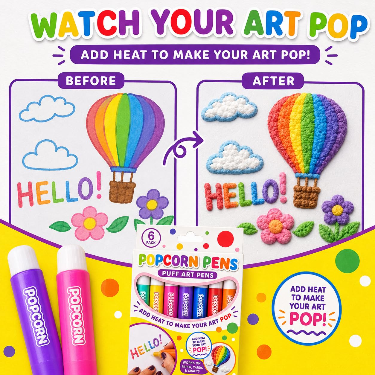 Lot de 24 stylos à popcorn 3D Puff Art