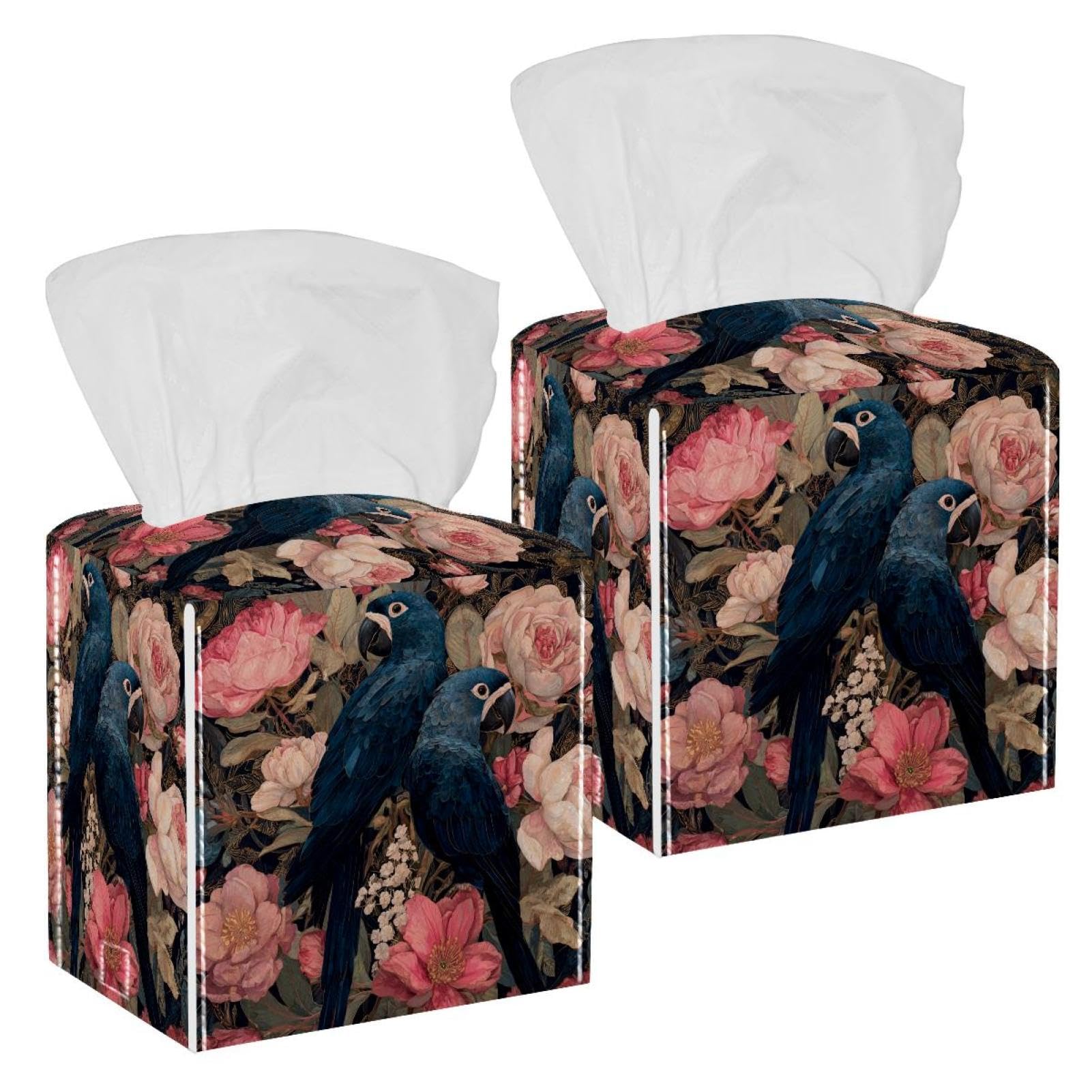Parrots and Flowers Tissue Box Cover, 2 Pack PU Leather Square Facial Tissue Dispenser Box holder for Home Office Car