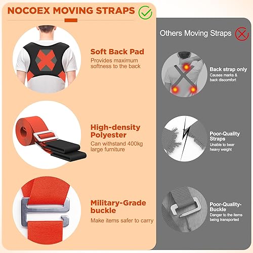 Miniatura 6 de NOCOEX Correas móviles para 2 personas con soporte para la espalda, correas ergonómicas para mover y levantar 2 vehículos, muñeca de hombro móvil