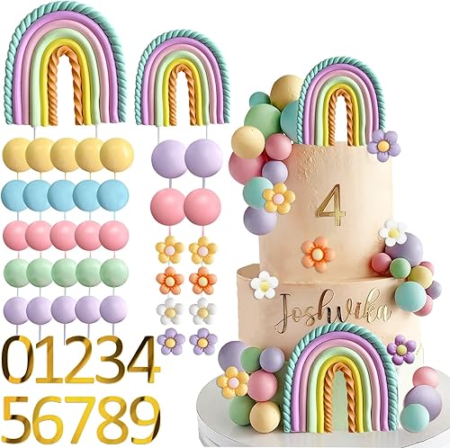 Miniatura 7 de 37 piezas de decoración de pastel de arco iris, estilo bohemio, hippie, bolas pastel, margaritas, flores, decoración para tartas retro hippie,