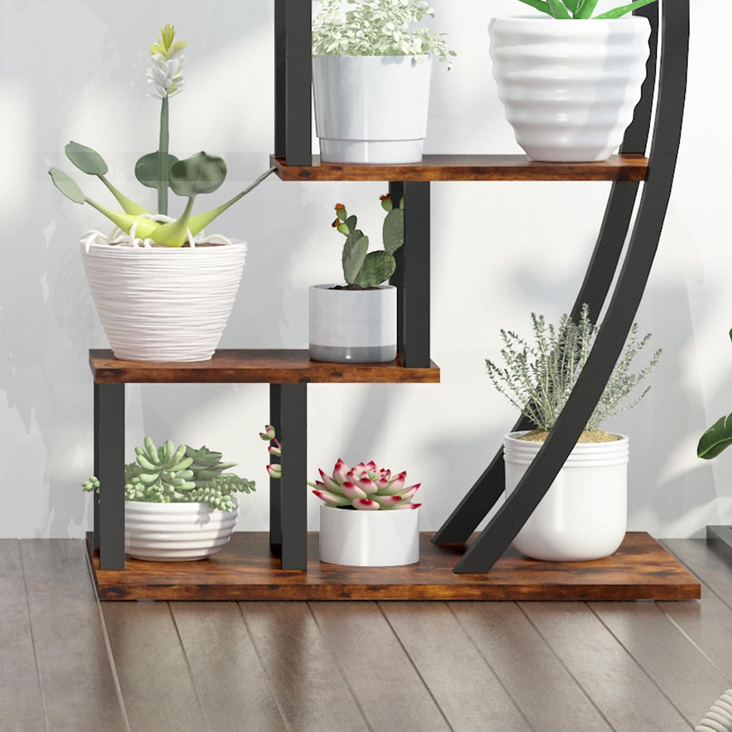 GAOMON 5 Tier Large Plant Stand Indoor, Half Moon Plant Shelf Ladder Flower Pot Stand Rack, Multi-Purpose Curved Flower Display Holder with Hanging for Home Patio Lawn Garden Balcony, Brown