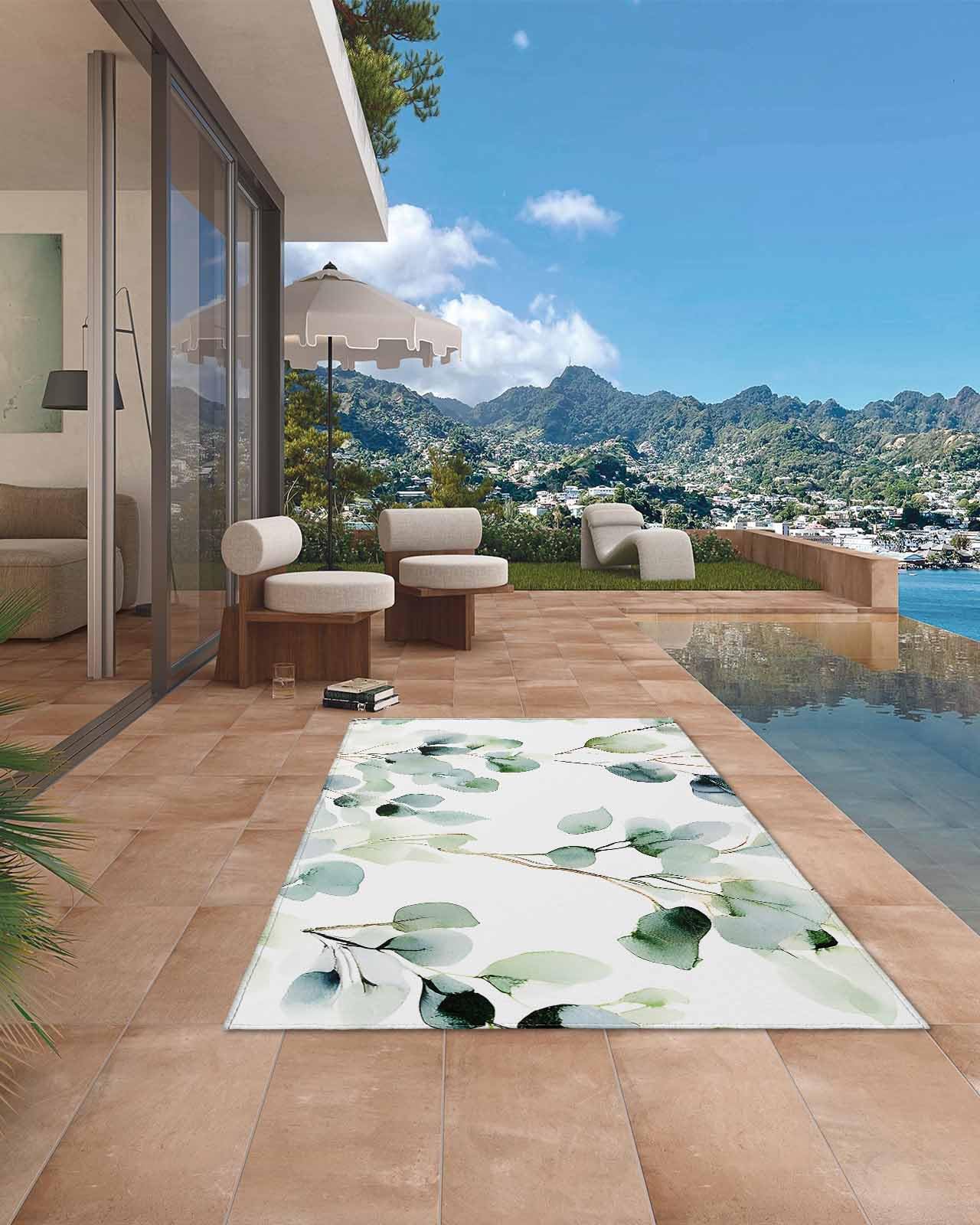 Tappeto per esterni con foglie di eucalipto, 1,2 x 1,8 m, non perde pelo, per cortile, portico e campeggio, grande tappeto country per interni, soggiorno e decorazione della terrazza
