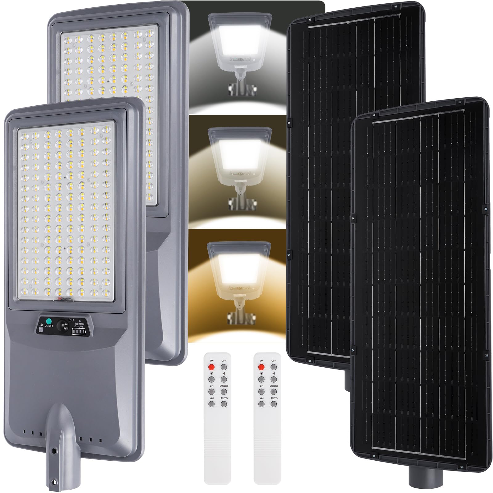 Aigostar 400W Lampione Solare Esterno, Batteria ad alta capacità da 20000 mAh, Regolabili 3000K/4500K/6500K, 4000LM, IP65, Supporto palo non incluso, Lampione LED per Giardino,Ingressi di Garage,2Pz