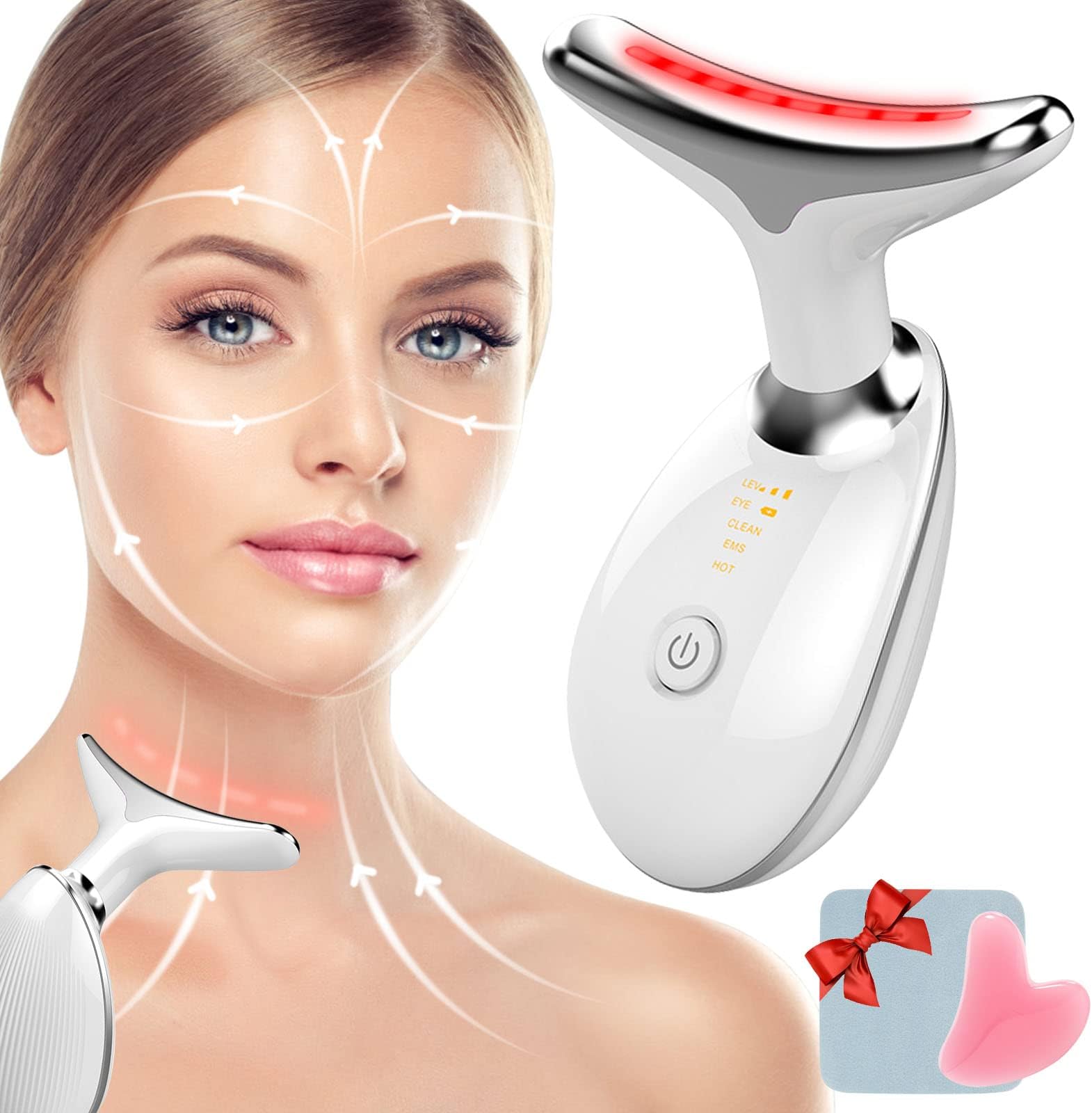 Face Massager Against Wrinkles, 4-in-1 Double Chin Remover with Gua Sha Face Tools for Unisex, Jawline Trainer with 3 Modes, 45°C for Skin Tightening & Lifting, Improvement, Firming