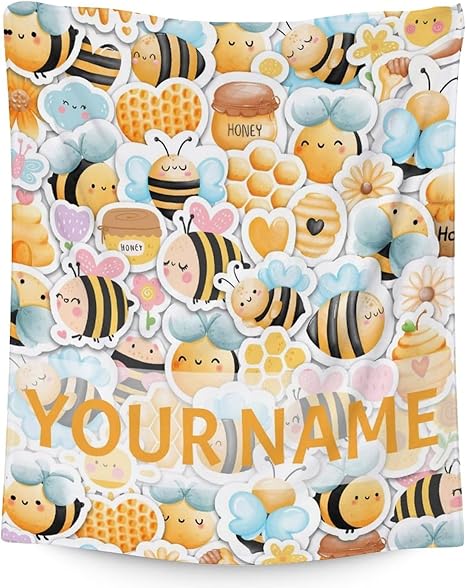 Personalized Bee Blanket Gifts, 50"x60" Cute Throw for Women Girls, Soft Cozy Warm Flannel Blanket for Sofa Bed