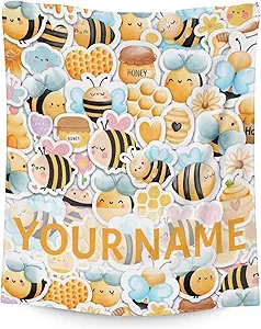 Personalized Bee Blanket Gifts, 50"x60" Cute Throw for Women Girls, Soft Cozy Warm Flannel Blanket for Sofa Bed