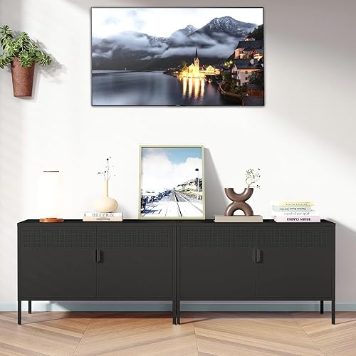 Miniatura 3 de COFaR Armario de metal negro para cafetería, 39.4 pulgadas de ancho, armario de almacenamiento con 2 puertas decorativas, aparador de buffet para