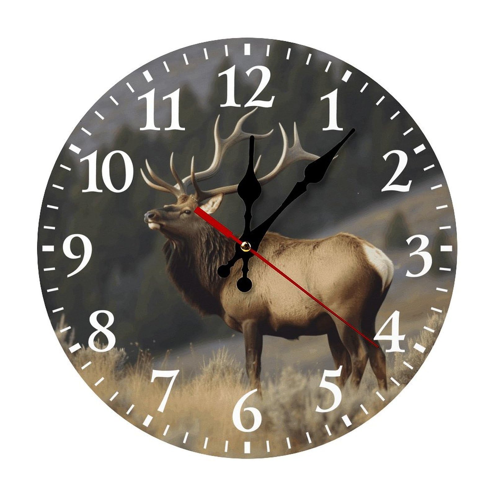 FodPand Round Wood Wall Clock with Scale Markers, Silent Non Ticking Analog Clock, Battery Operated Easy to Read Decorative Bull Elk Wall Clocks for Home Kitchen Living Room Office