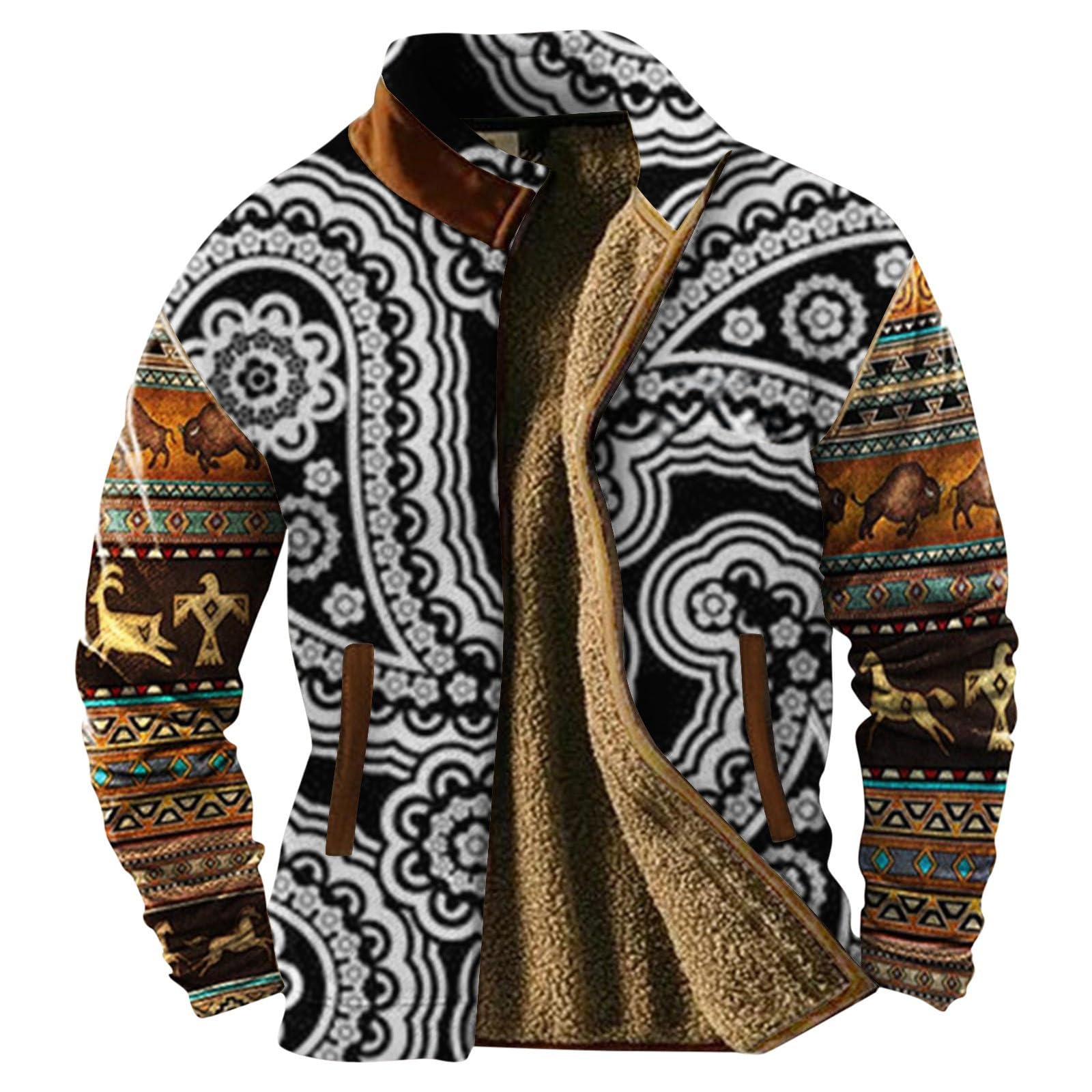 Generisch Outdoorjacke Herren Farbige Fleecejacke mit Kapuze, warm, Reißverschluss, lässiger Mantel Taschen für den Herbst