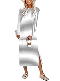 Long Sleeve Midi Dresses for Women Fall Fashion Casual Vacation Crewneck Loose Split Striped Long Tshirts Dress