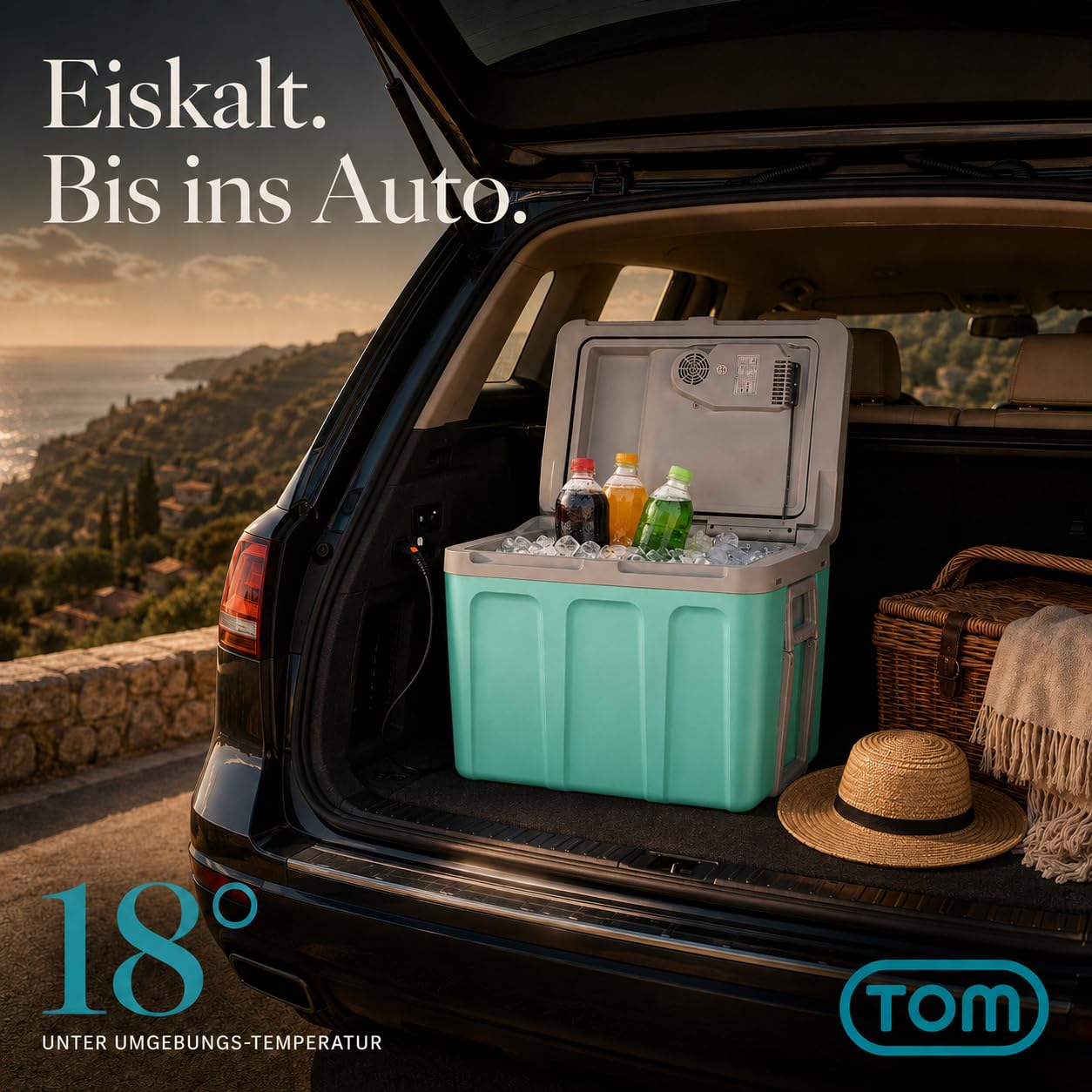 TOM 2in1 XXL Kühlbox 40l mit Kühl- und Heizfunktion – elektrische Coolbox mit Rollen – 230V & 12V Strom Anschluss – Elektrisch – für Auto, Camping, Wohnwagen & Co – Plus Geschenk