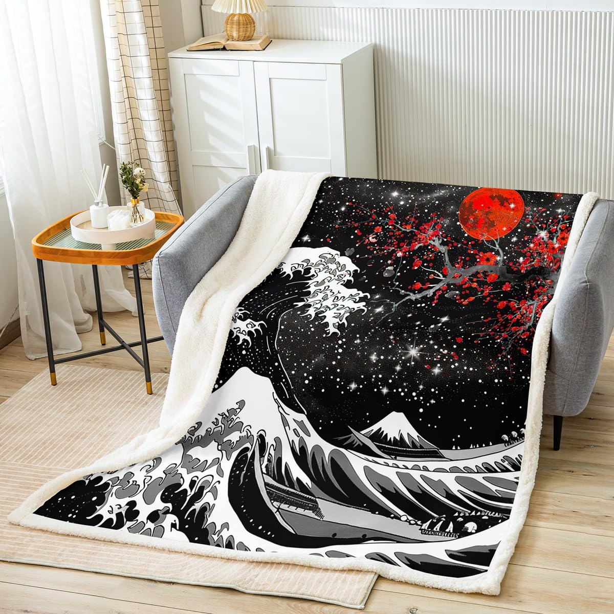 Homemissing Japanese Wave Fleece Throw Blanket Queen 90"x90" Kids Cherry Blossoms Plush Blanket for Boys Girls Japanese Style Home Decor Sherpa Blanket Red Sun Japanese Ukiyoe Fuzzy Blanket