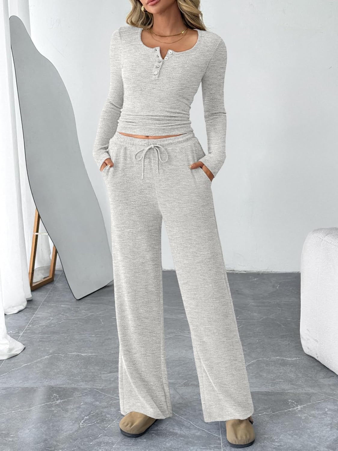 Trendy Queen Women's 2 Piece Matching Lounge Sets Fall Fashion Outfits Henley Neck Sweater Top Wide Leg Pants Sweat Suits - Image 2