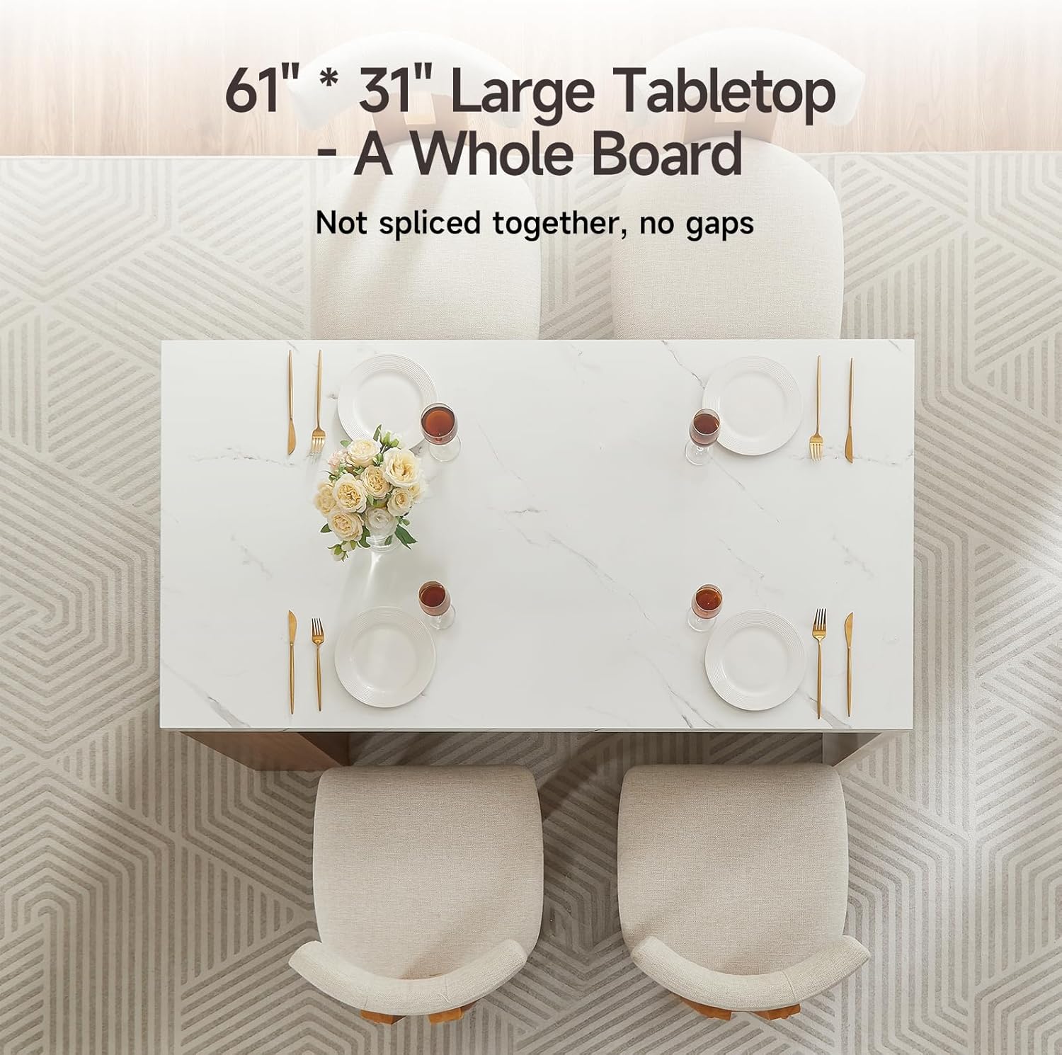 ONBRILL 61"*31" Whole Board of Tabletop Kitchen Island Table with Storage Space, Power Outlet & LED Lights, Modern Imitation Marble Large Counter Height Dining Table for 4 (White)