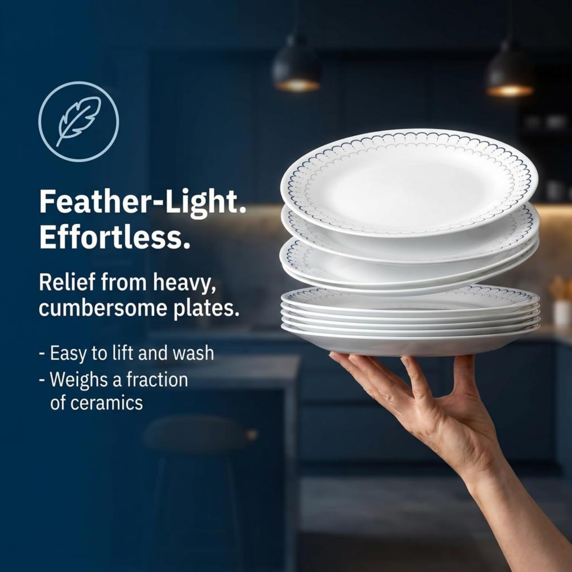 Corelle Vitrelle - Juego de vajilla de 18 piezas, servicio para 6, platos y cuencos redondos ligeros, vidrio de triple capa, resistente a las astillas, apto para microondas y lavavajillas, Caspio,