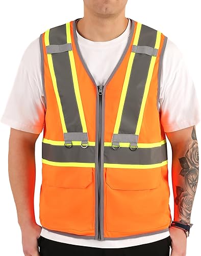 TOURGO Chaleco de seguridad para hombre, chaleco reflectante de alta visibilidad 3M con bolsillos, clase 2, chaleco de malla para exteriores