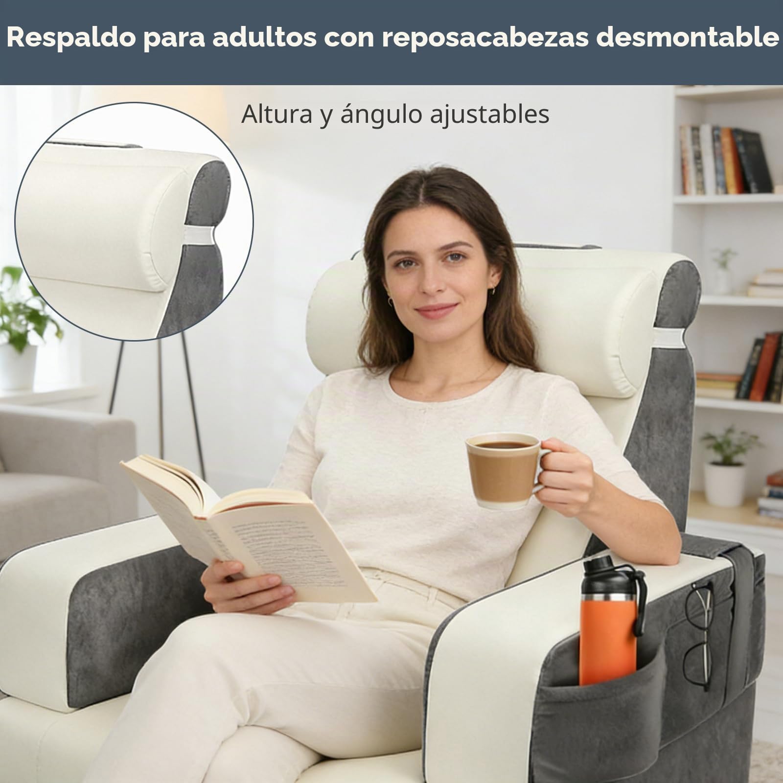 Cojin Lectura Cama,Cojín con Respaldo Apoyo Lumbar, con Soporte para Brazos y Bolsillos, Cojín Lumbar Sofá para la Espalda, Cojin Respaldo Cama para Trabajar, Leer o Jugar en la Cama Sofá Suelo