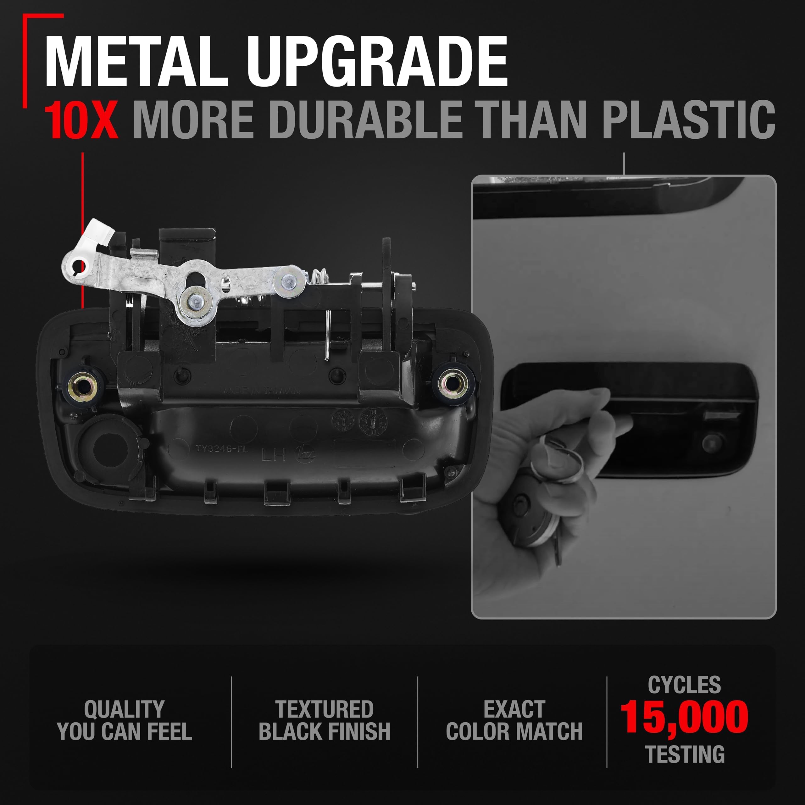 Exterior Front Driver Door Handle Replacement, Upgraded Metal - Compatible with 1995-2004 Toyota Tacoma - Textured Black - OEM 69220-35020, 79344, 91319, TO1310117