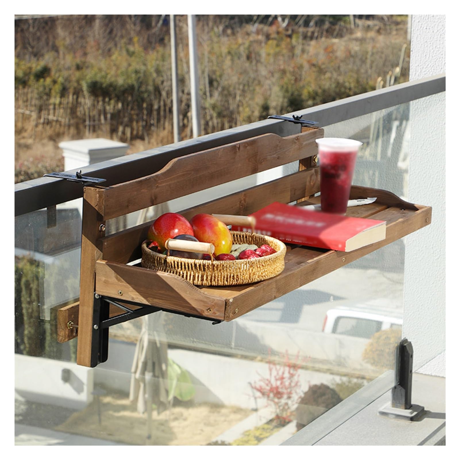 Stolik barowy na balkon, oszczędzający miejsce, wielofunkcyjny stolik kawowy, do ogrodu, na taras, werandę, brązowy (24 x 90 cm)