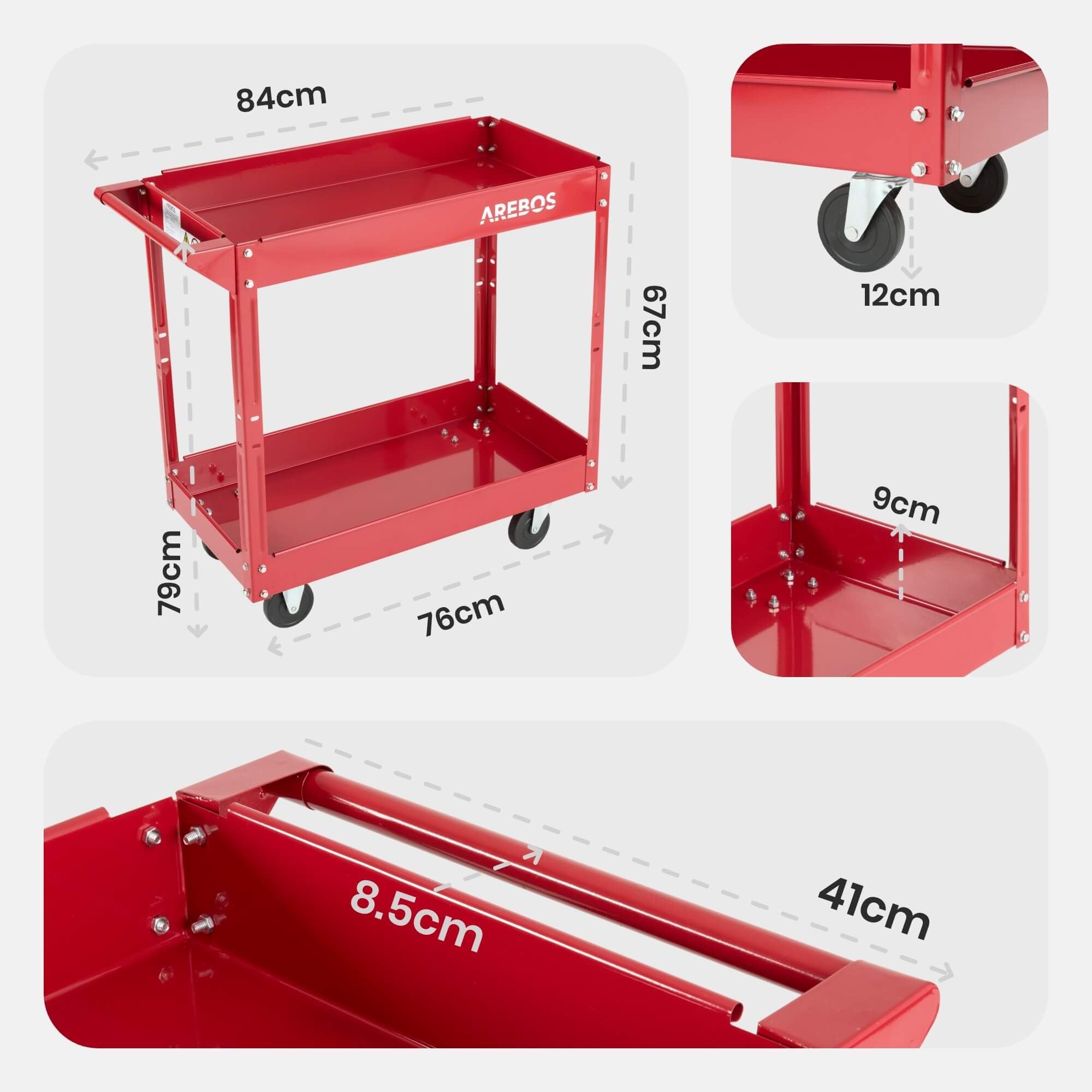 Arebos Set da 2 Carrelli da Officina | Portautensili con 2 Ripiani | Struttura in Acciaio Robusta | Portata fino a 100 kg | Carrello Mobile per Officina, Garage e Fai da Te