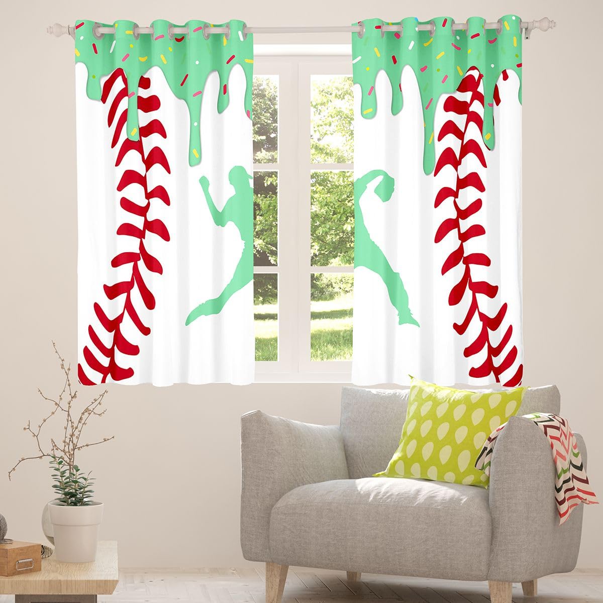 Homewish Baseballowe zasłony okienne z lodami, 132 x 160 cm, 2 zestawy paneli – zasłony zaciemniające do gier baseballowych, zielone sportowcy, sylwetka, zasłony okienne, słodkie cukierki, deser