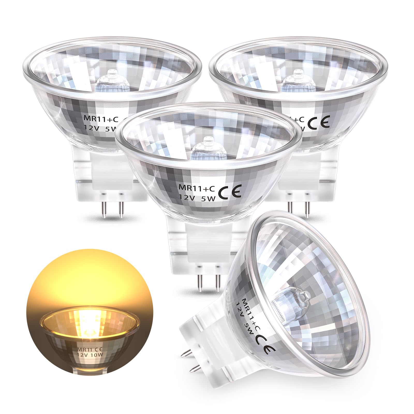 TobeBright GU4 MR11 Halogen Bulbs Dimmable 5W AC/DC 12V, Dimmable Warm White 3000K GU4.0 Bi-pin Base 35mm Diameter Low Voltage Spotlight Bulbs for Christmas Festival Decorations (4-Pack)