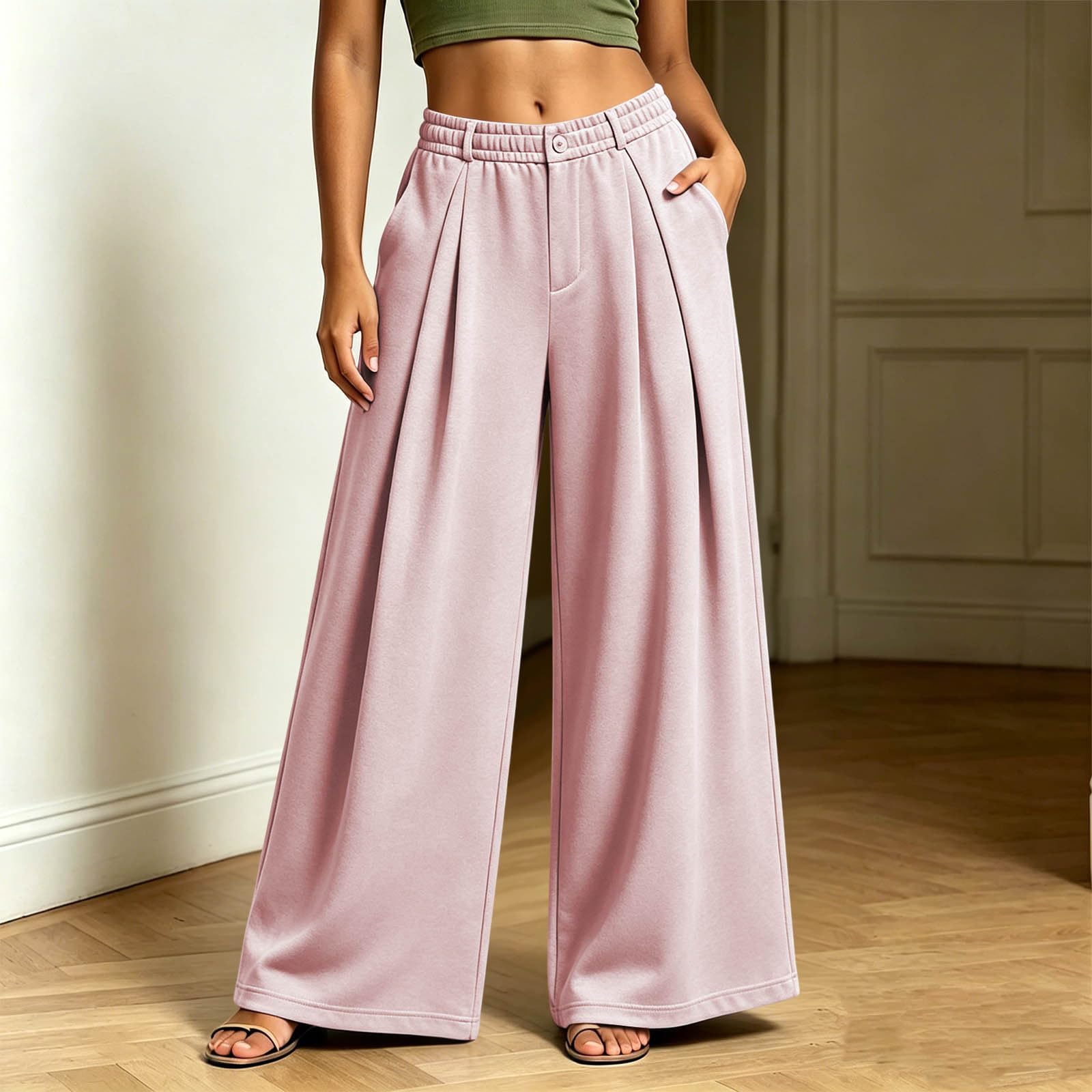 Pantalon Large Femme Bouton Taille Élastique Poch Doubles Fermeture Éclair