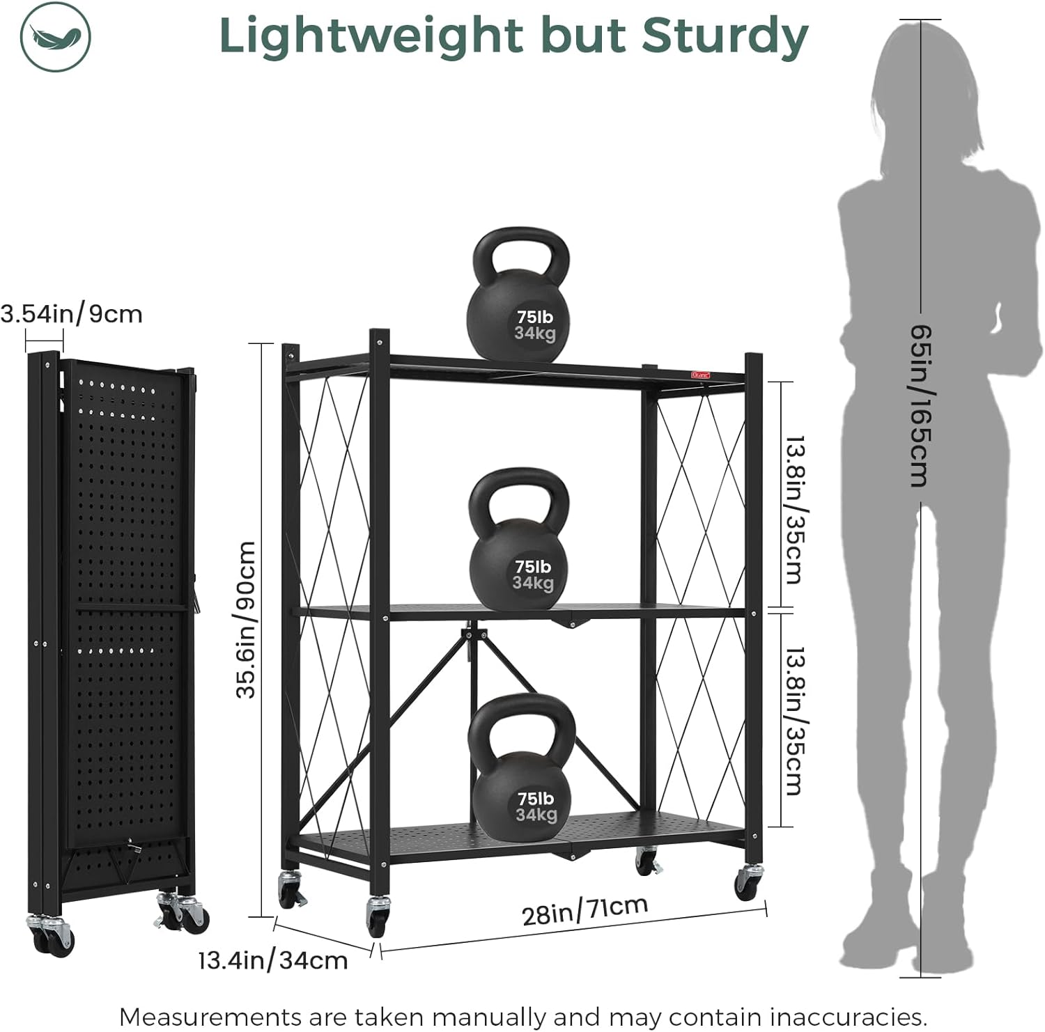 DEANIC 3 Tier Foldable Storage Shelves with Wheels, Kitchen Appliance Stand, Freestanding Metal Wire Shelf Rack, No Assembly Organizer Rolling Cart for Garage, Basement, Pantry (Black) - Image 3