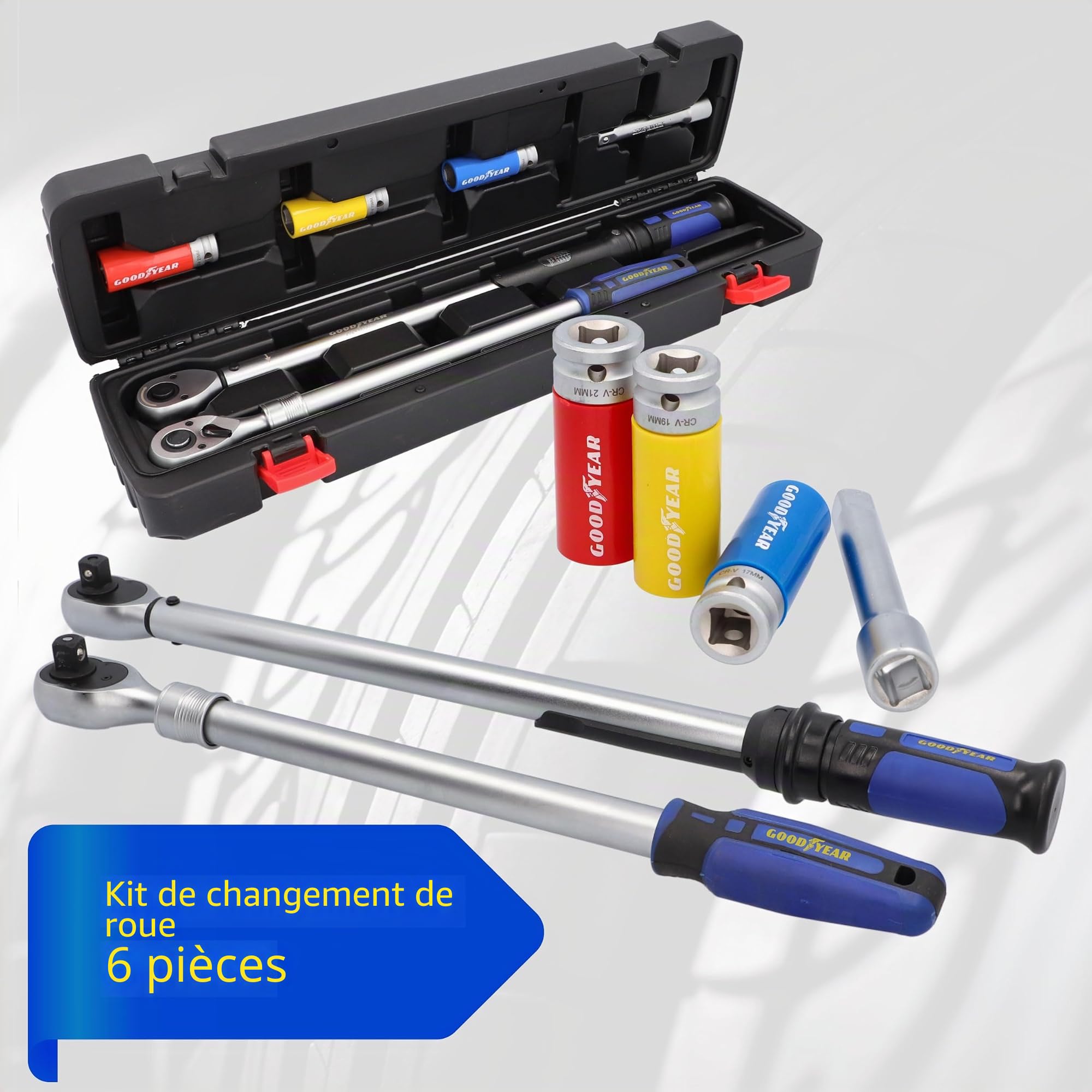 Goodyear Kit de changement de roue, 6 pièces, clé dynamométrique + cliquet réversible + 3 pièces jeu de douilles + rallonge, boîte, Noir
