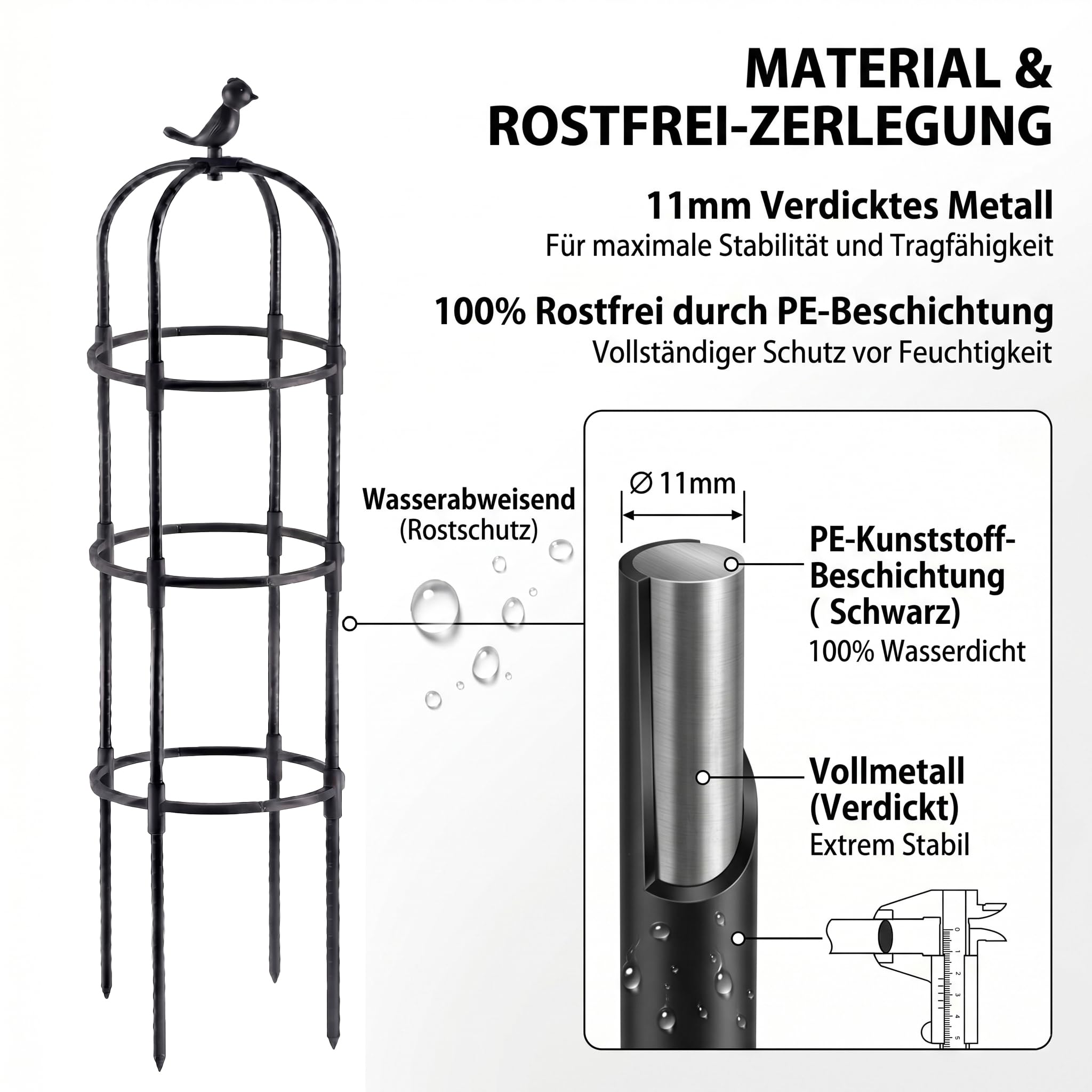 Metalowa kratka dla roślin pnących, zestaw 3 sztuk, 130 cm, 11 mm, stabilna wieża do pomidorów i róż pnących, odporna na rdzę i warunki atmosferyczne dzięki powłoce PE, kratka z dekoracją