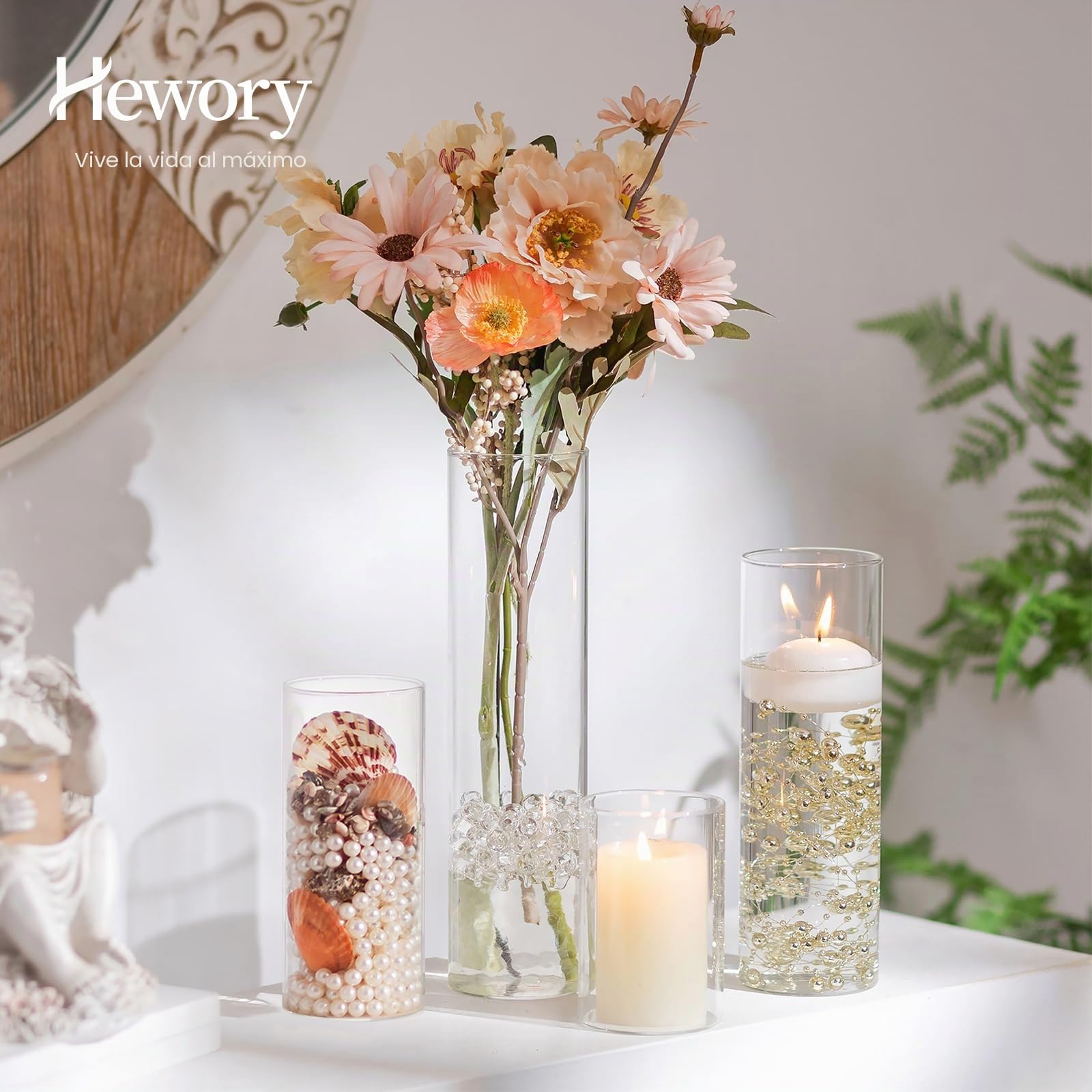 Hewory - Juego de 12 tarros de cristal para velas con perlas de agua, para velas flotantes, jarrón de cristal para Navidad, decoración de mesa, exterior o boda