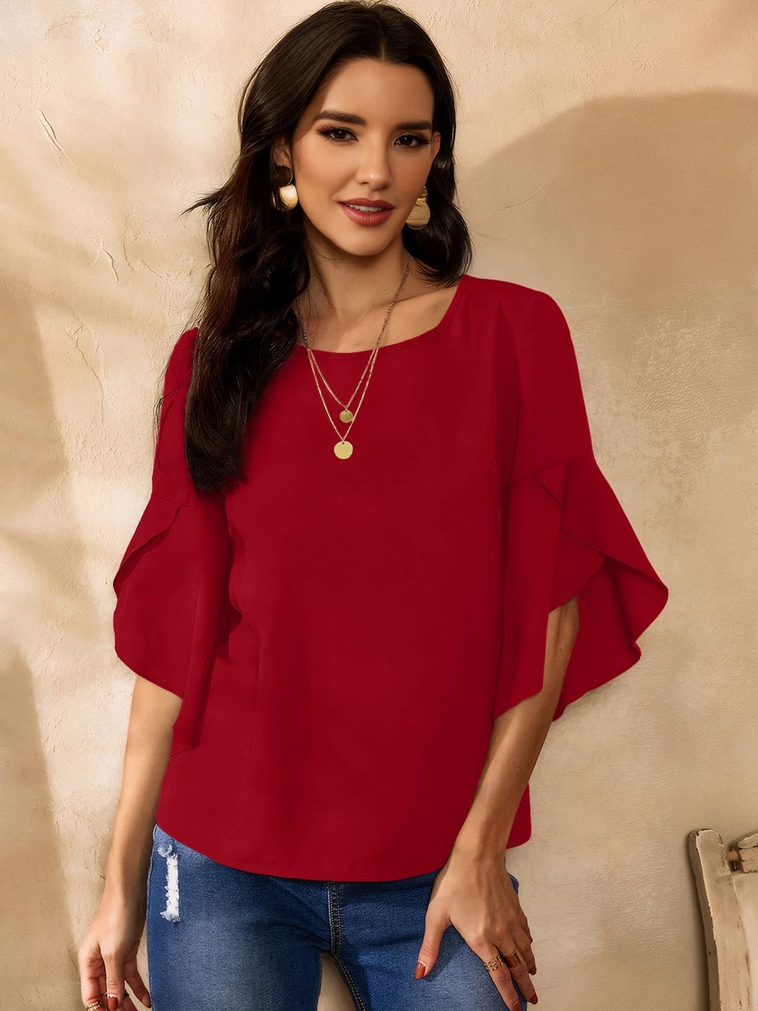 Womens Ruffle 3/4 Length Sleeve Tops 2026 Trendy Summer Dressy Casual Chiffon Blouses Loose Fit Work Shirts - Image 6