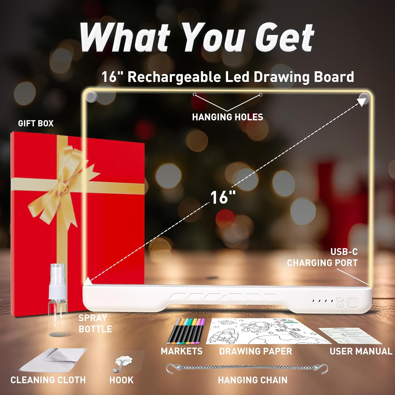 Rechargeable Led Drawing Board for Kids, 16.7" Portable Doodle Glow LED Note Board with 7 Colors, DIY Neon Art Dry Erase Light Up Drawing Pad, Perfect Christmas & Birthday Gifts for Girls Boys