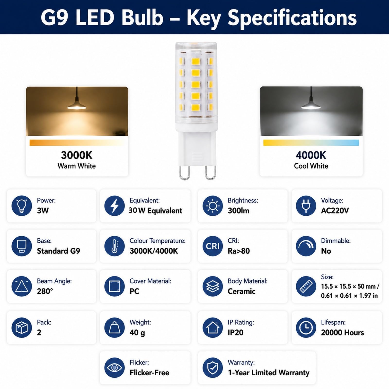 Bombilla LED G9 Bayoneta Tipo Maíz, 3000K/4000K, 3W Reemplaza 30W Halógeno, Ahorro Energía, CRI≥80, Sin Parpadeo, Para Arañas Cristal, Apliques(Natural white 4000K,9 Pack)