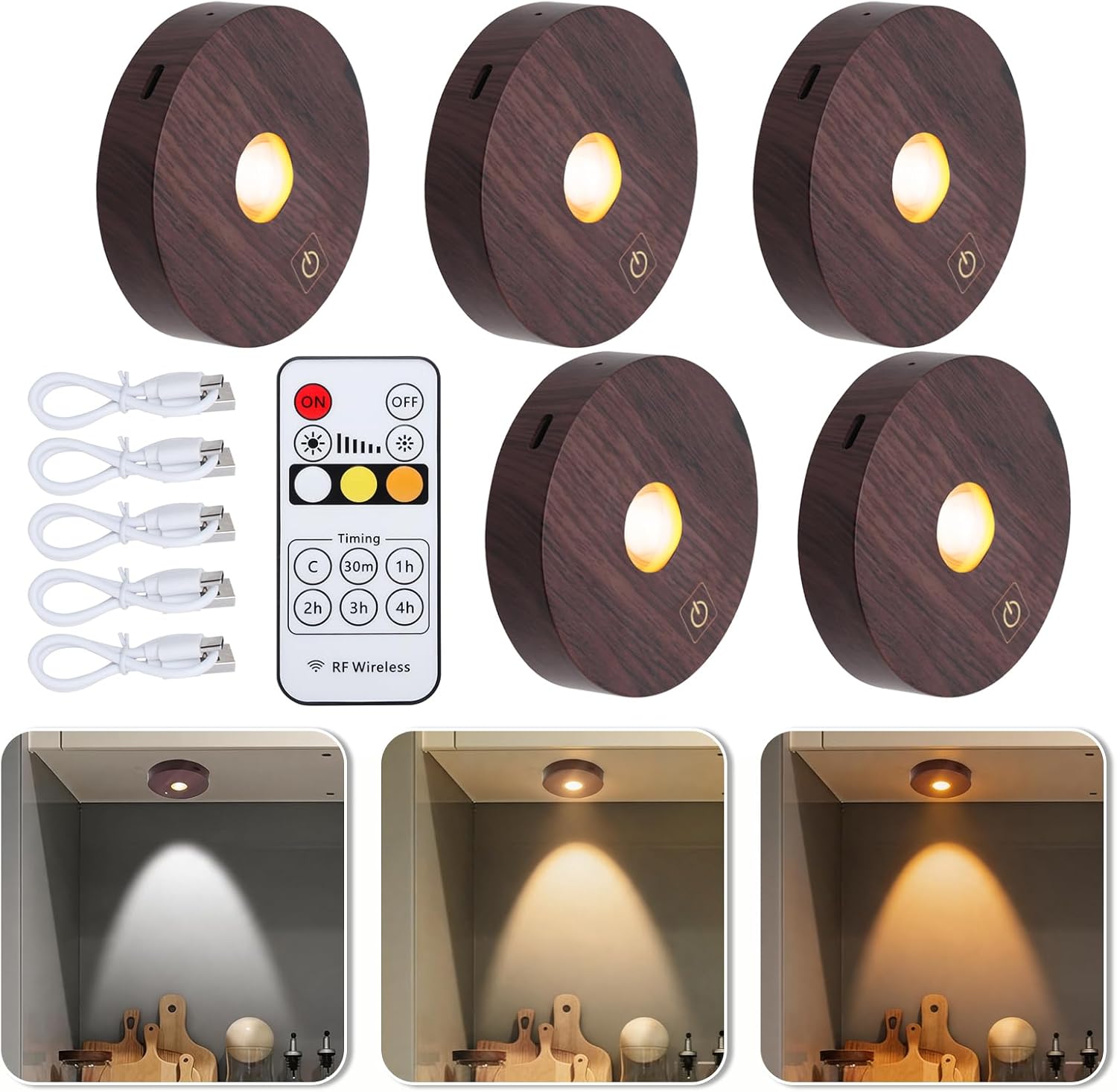 Rechargeable Puck Lights, 3 Color Temp & Dimmable Under Cabinet Lighting wireless, Magnetic Battery Operated Under Shelf Lighting for Kitchen Closet Bookshelf Display Cabinet (5 Pcs, Woodgrain)