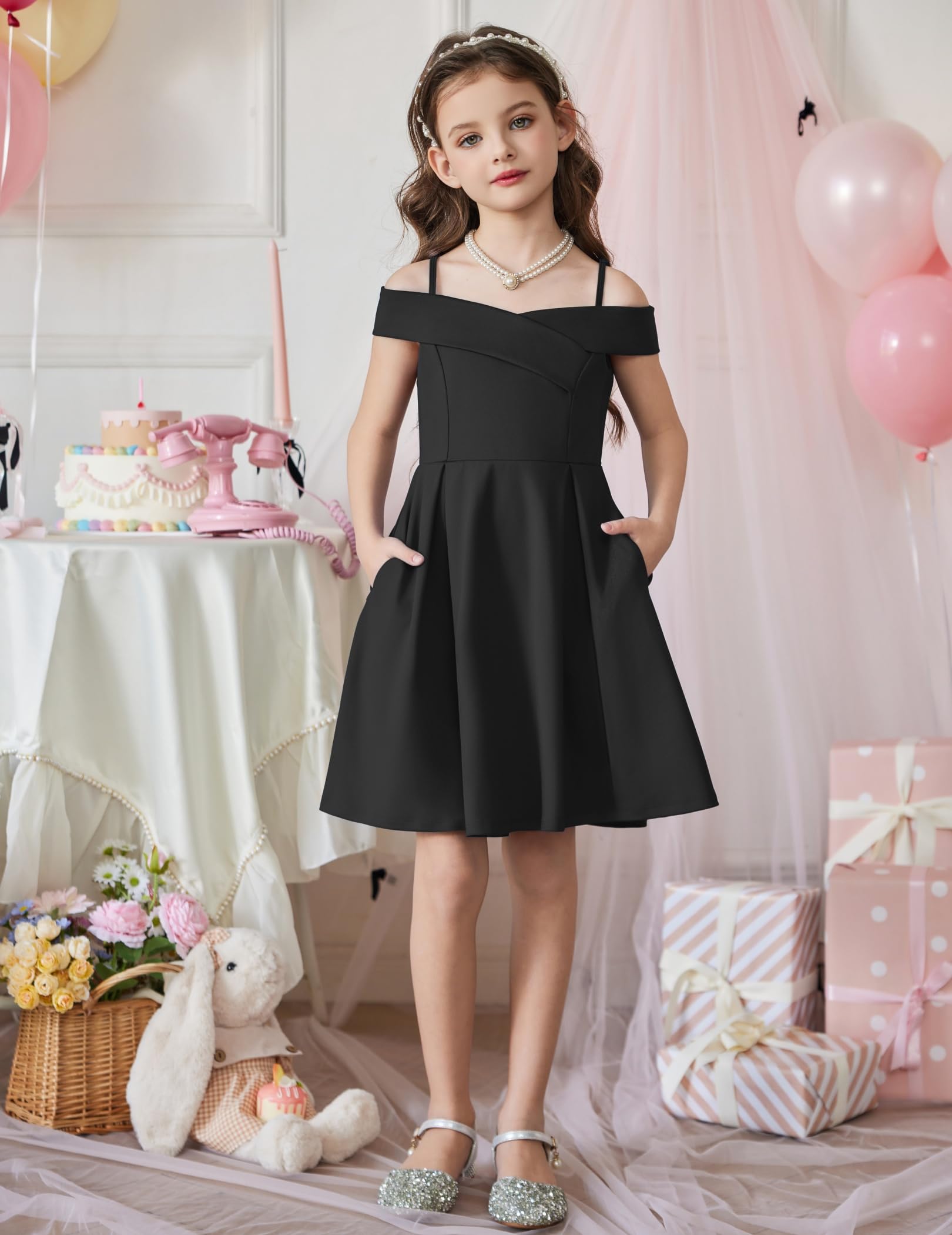 Arshiner Girls Summer Dress Off Shoulder Fold Pleated Formal Elegant A-Line Party Dresses with Pocket — view 3