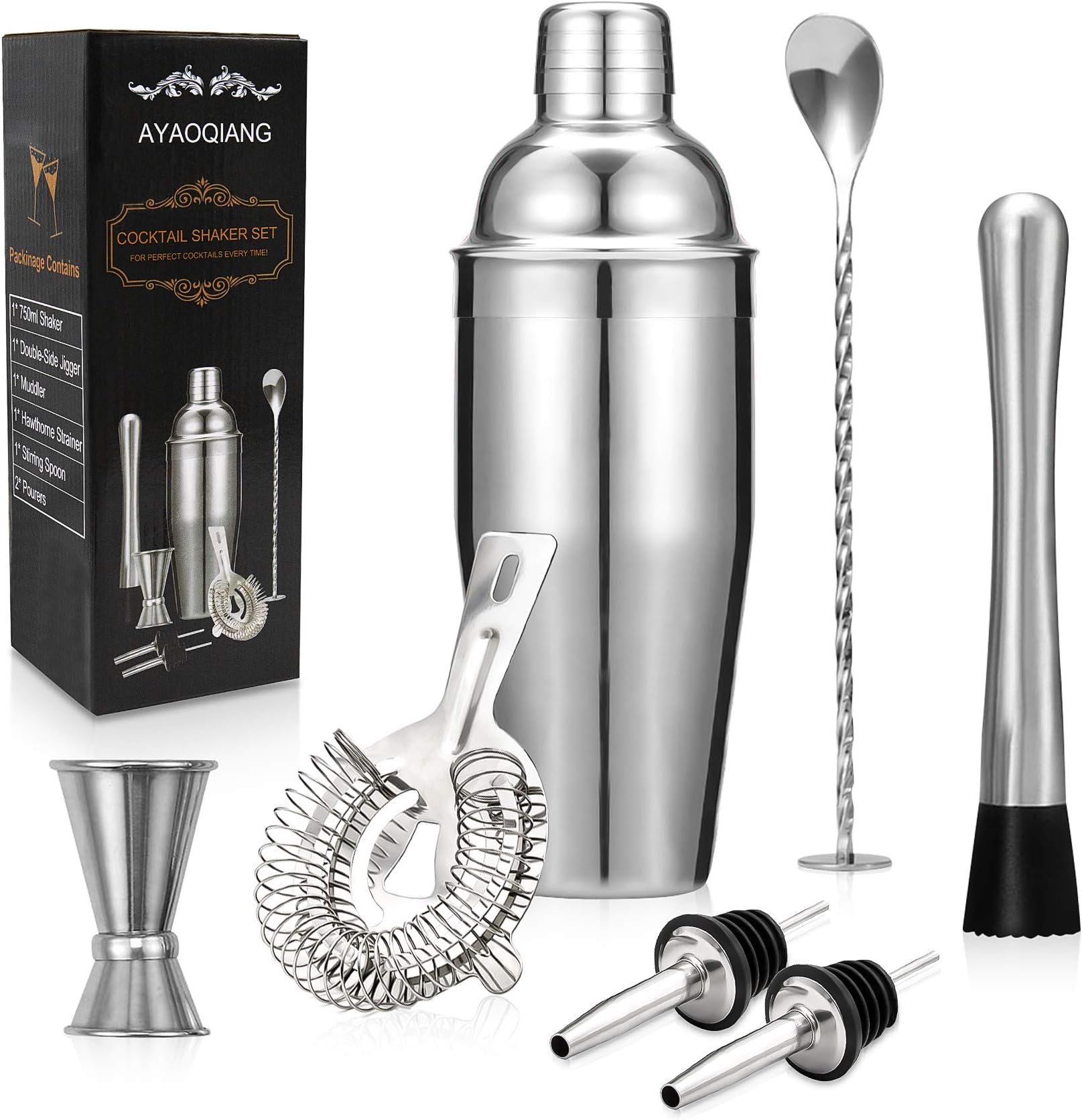 Cocktail Shakers Set,7 Pieces Cocktail Making Kit,Cocktail Shaker Set 750ml Stainless Steel Bar Tool Set Bartender Kit with Double Jigger,Muddler,Strainer,Pourers,Mixing Spoon