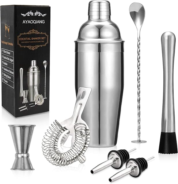 AYAOQIANG Cocktail Shakers Set,7 Pieces Cocktail Making Kit,Cocktail Shaker Set 750ml Stainless Steel Bar Tool Set Bartender Kit with Double Jigger,Muddler,Strainer,Pourers,Mixing Spoon