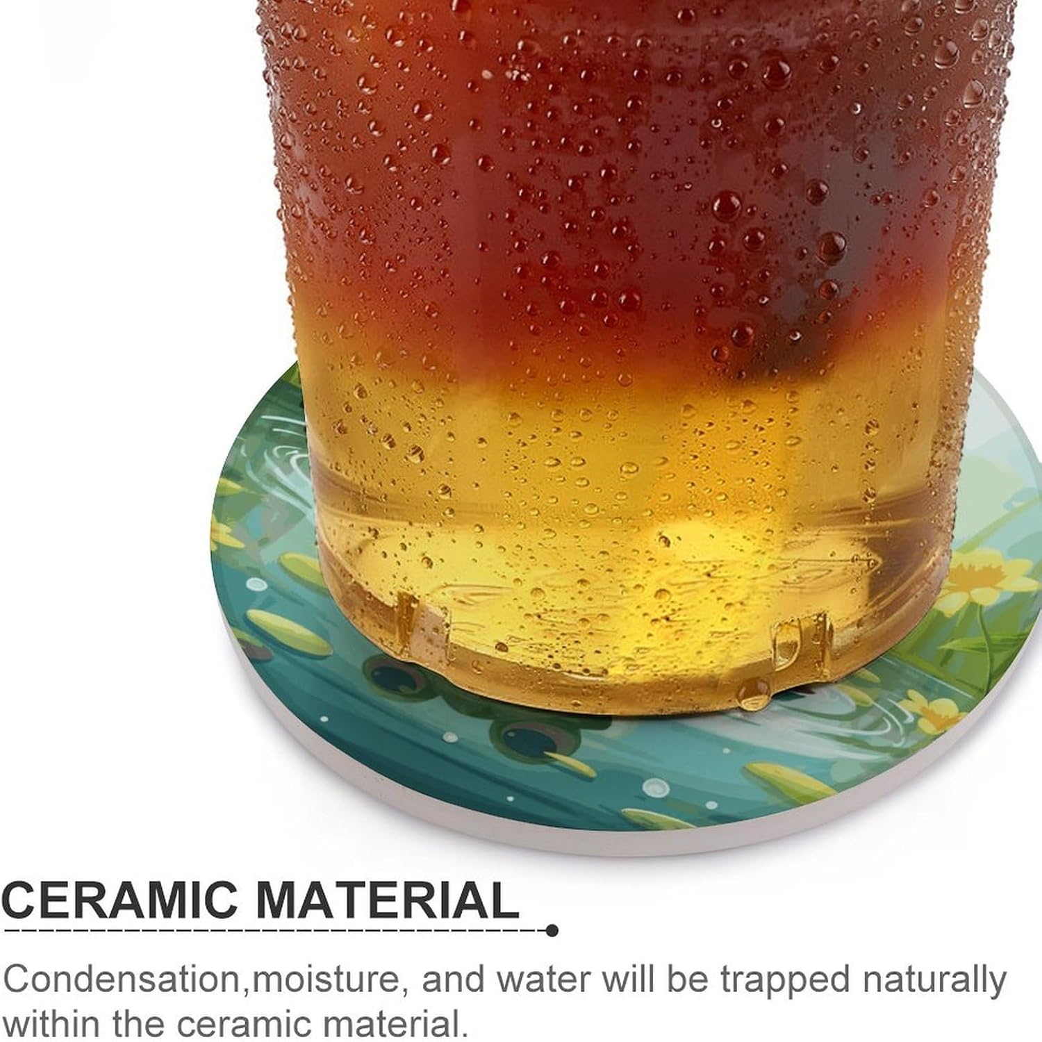 6PCS Frog in A Pond Coasters Non-Slip Round Drink Coasters with Ceramic Stone and Cork Base, Heat Resistant Absorbent 33.00Stone Coaster Set for Kinds of Mugs and Cups, 4 Inch