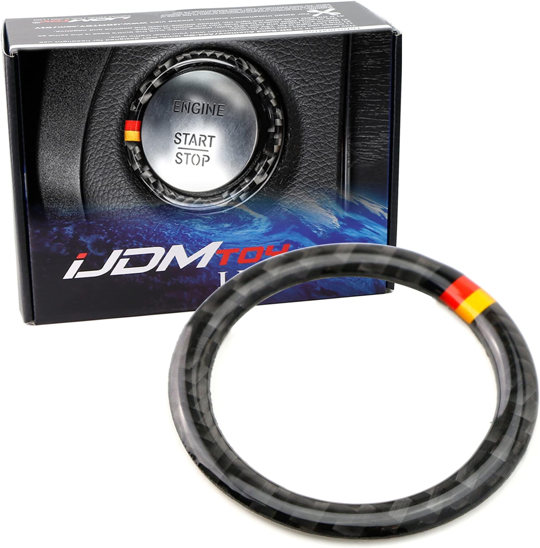 Black Real Carbon Fiber Engine Push Start Button Surrounding Decoration Ring w/German Flag Color Stripes Compatible with Mercedes C E S R ML GL CLA CLS GLA GLC GLE Class