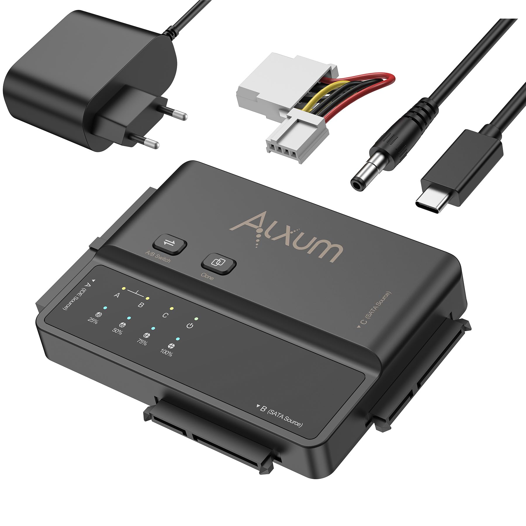 Alxum Adaptador IDE y SATA a USB Tipo C 5Gbps con clonación | Adaptador de Disco Duro para Disco Duro SATA y convertidor de Disco Duro IDE de 2,5/3,5 Pulgadas