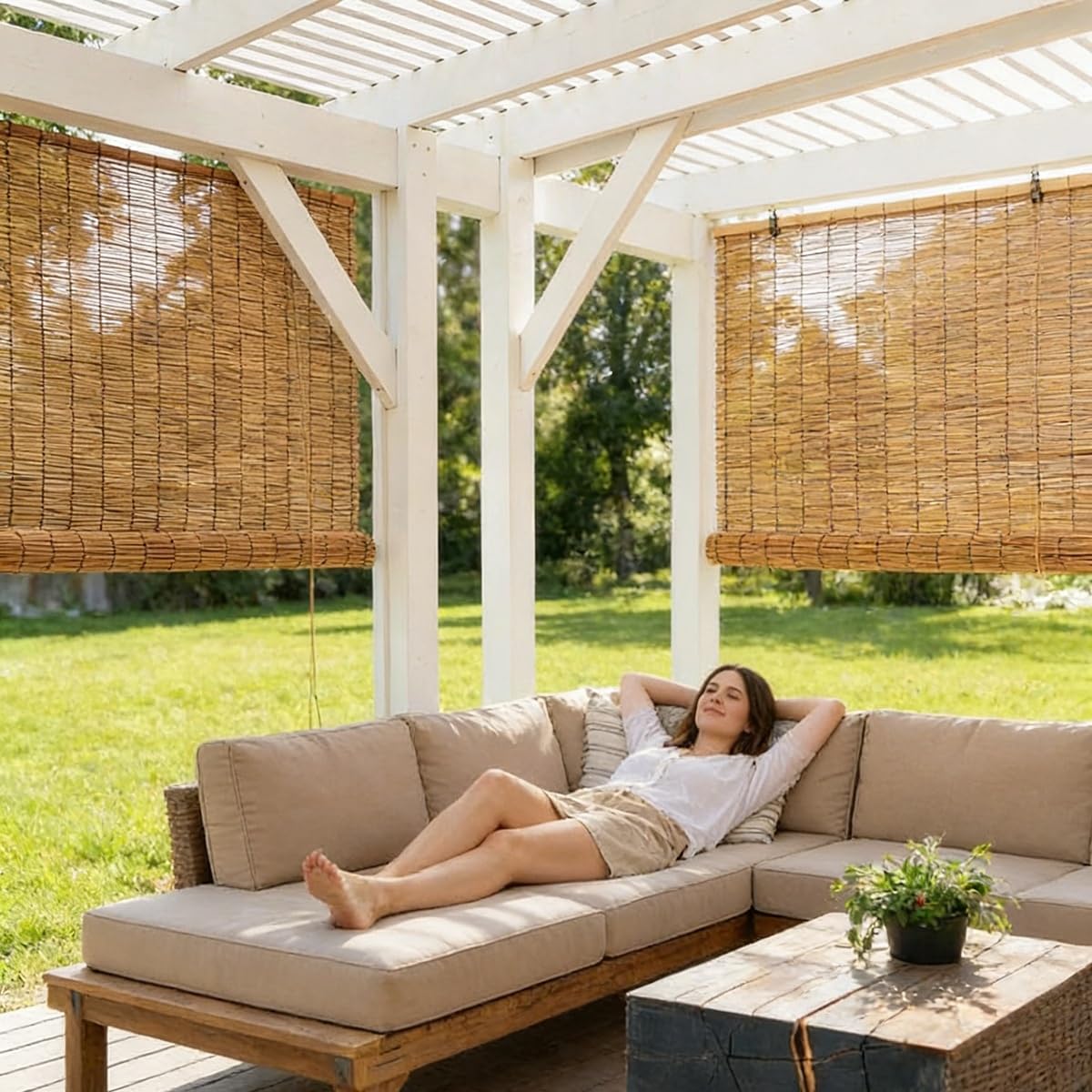 Store Enrouleur Bambou sur Mesure Largeur 45 à 160 cm, Protection Solaire Store Romain en Bambou pour Fenêtre, Terrasse et Jardin, Installation Simple(125 cm x 220 cm)